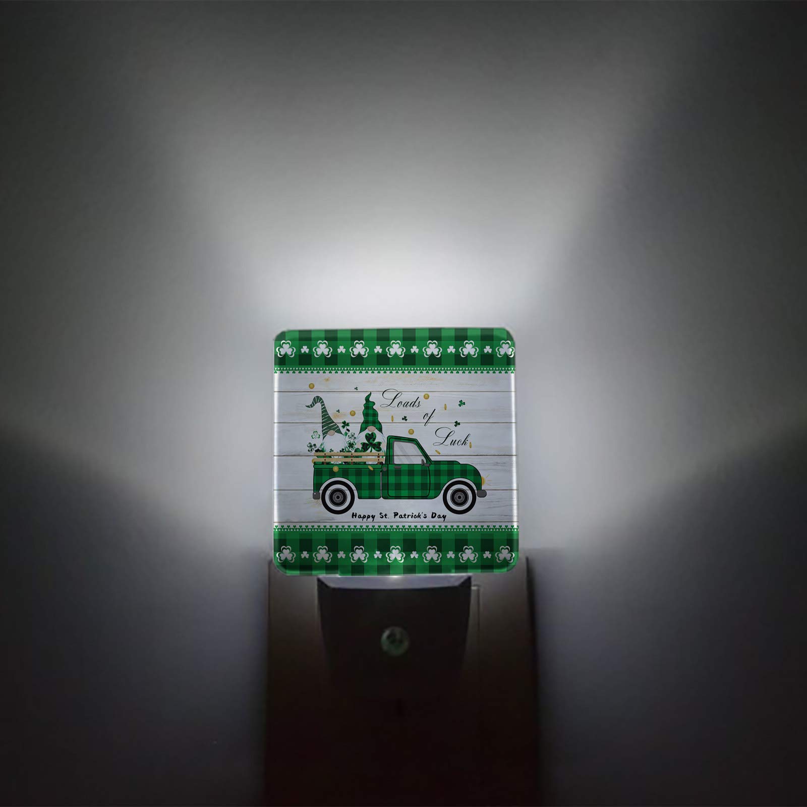 Lucky Gnome LED Night Light with Auto Sensor - St. Patrick's Day Decor for Bedroom, Hallway & Nursery - Plug-in Wall Light with Dimmer for Kids & Adults - Green Truck Design for Home & Office Decor