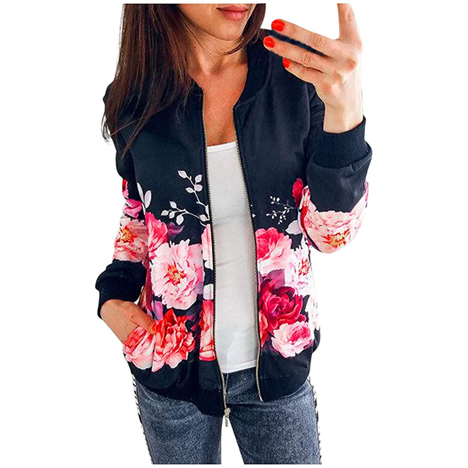 Women's Stand-Up Collar Zip-Up Thin Bomber Jacket - Lightweight Summer to Fall Transition Outerwear - Perfect for Casual Wear, Travel & Layering
