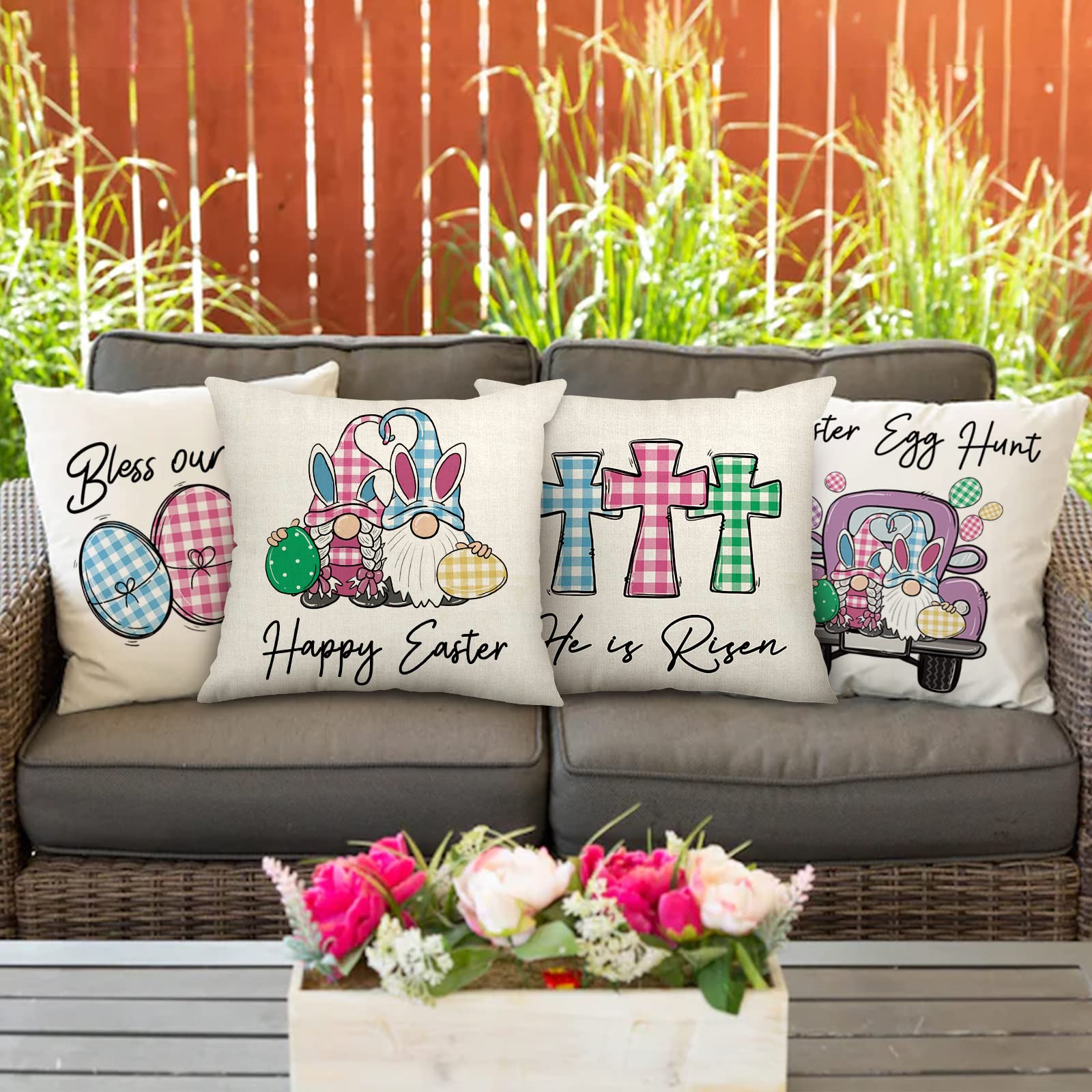 AnyDesign Easter Pillow Covers 18x18 Inch - Set of 4 Plaid Gnome Egg Truck Throw Pillow Cases - Farmhouse Decor for Sofa, Home Office, Easter Party & Spring Home Decoration