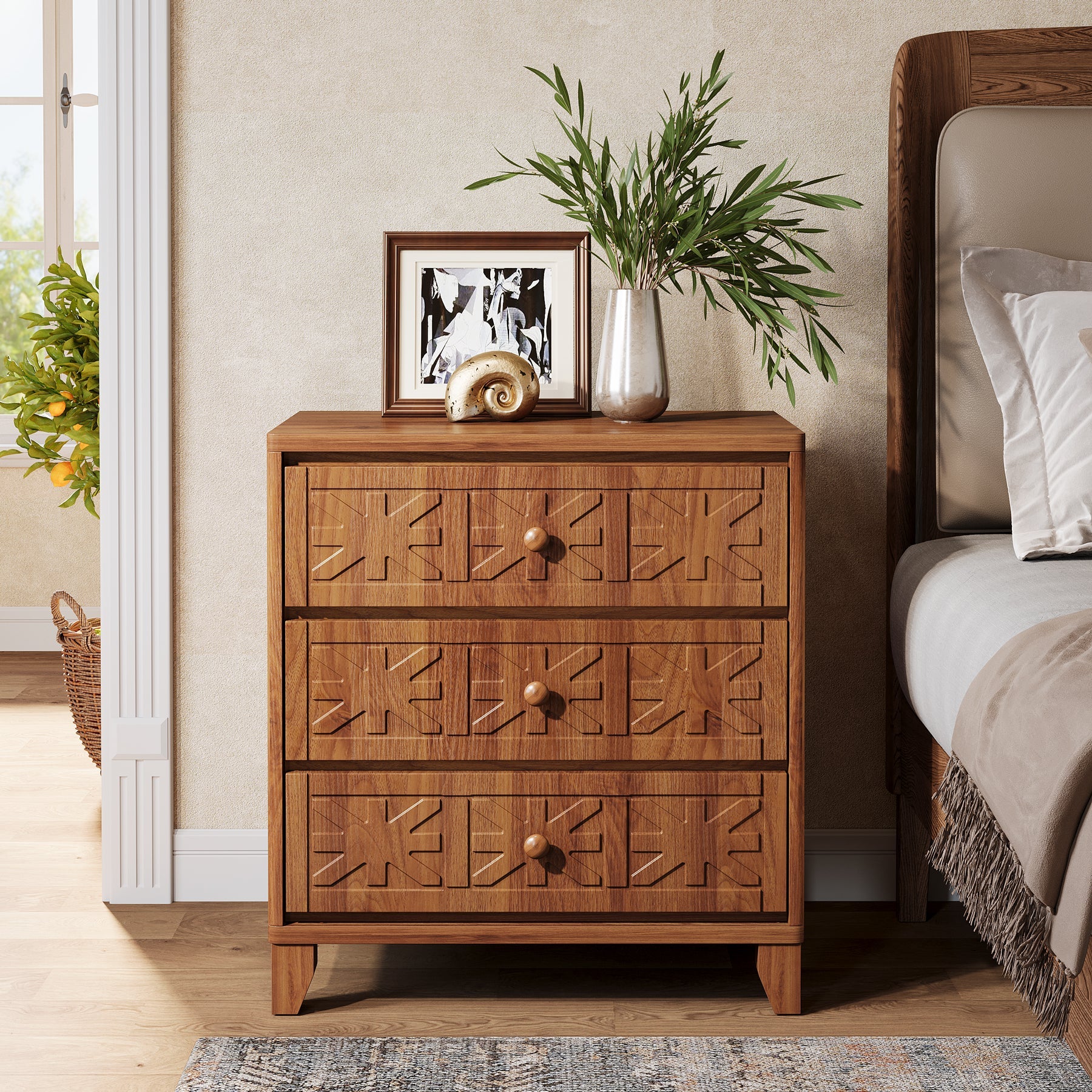 3 Drawer Nightstand - Farmhouse Style Bedside Table with Elegant Carved Patterns, Rustic Bedroom Furniture for Home Decor & Storage - Perfect for Bedroom, Living Room or Guest Room