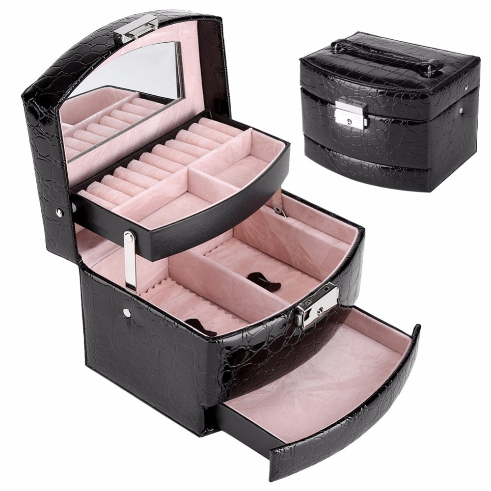 3 Layer Leather Jewelry Box & Makeup Organizer - Elegant Storage Case for Women's Cosmetics, Jewelry & Accessories | Perfect for Travel, Gifting & Home Organization