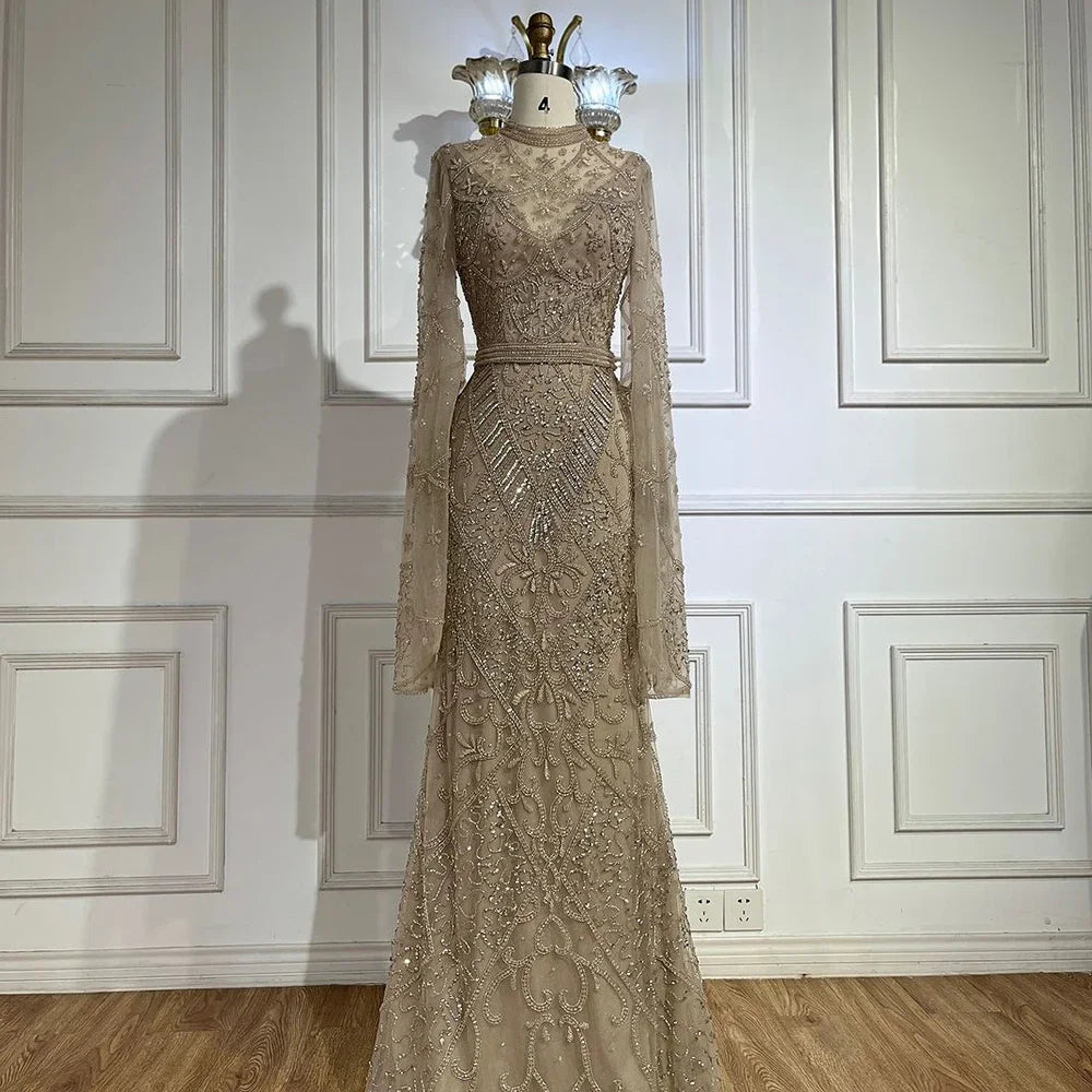 Luxury Dubai Muslim Mermaid Evening Dress with Elegant Bell Sleeves & Beaded Details - Formal Gowns for Weddings, Parties & Special Occasions | LA72316A