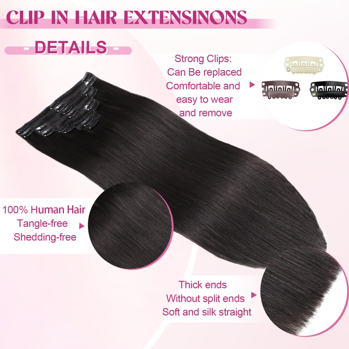 20 Inch 100% Brazilian Remy Human Hair Clip-in Extensions (8pcs Double Weft, 105g/3.7oz) - Natural Black #1B for Women | Perfect for Volume, Length & Styling for Parties, Weddings & Daily Wear