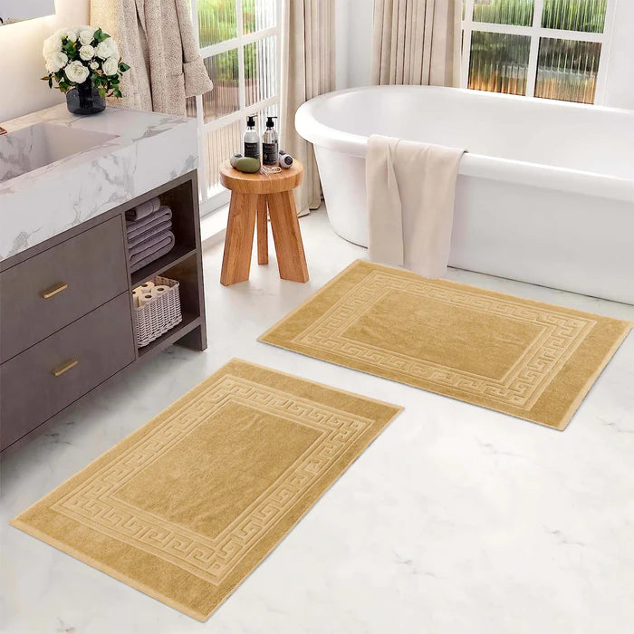 Premium Cotton 2-Piece Greek Key Border Bath Mat Set - Ultra Absorbent, Non-Slip Bathroom Rug - Perfect for Modern Bathrooms, Master Suites & Spa-Like Retreats