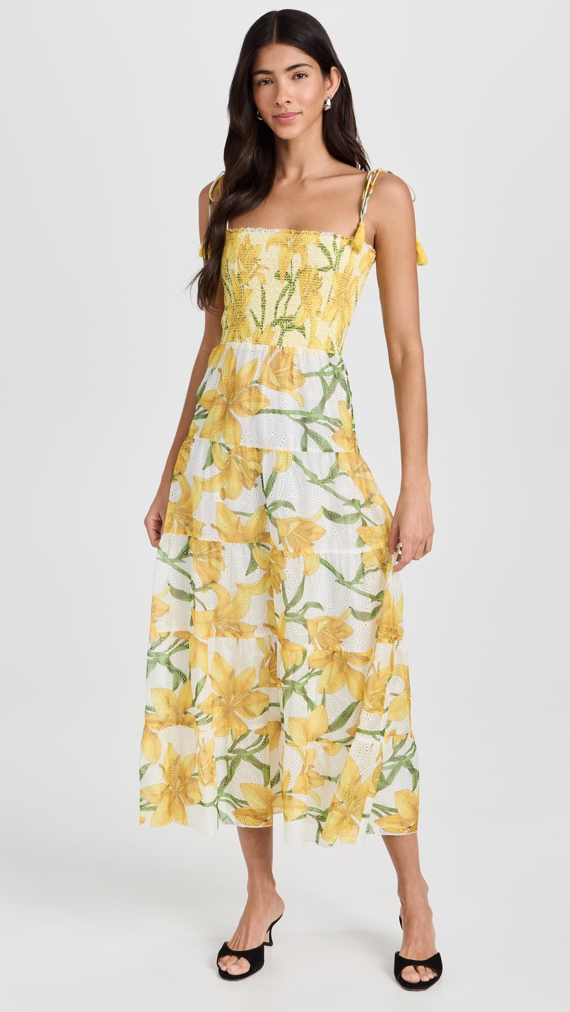 Alice + Olivia Women's Marna Tiered Midi Dress with Tie Straps - Perfect for Cocktail Parties, Weddings & Summer Events