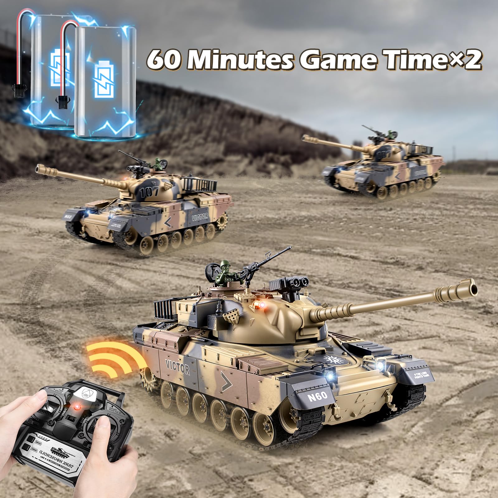 1:18 Scale US M60 RC Tank - 2.4Ghz Remote Control Military Vehicle with Recoil, Smoke, Sound & LED Lights | Shoots BBs & Water Bombs | Battle-Ready Army Toy for Adults & Kids | Perfect for Outdoor Play, Backyard Battles & Military Collection Displays