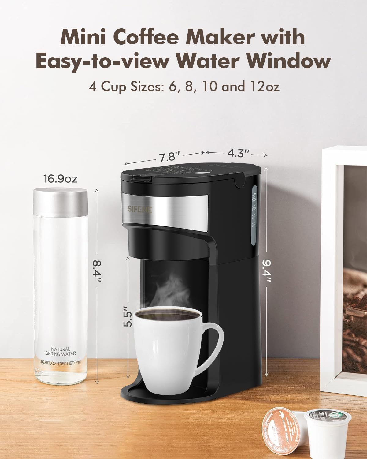 **SIFENE Mini Single Serve Coffee Maker for K-Cups & Ground Coffee - Compact Instant Brewer with Water Window & Descaling Reminder (Black) - Perfect for Home, Office, or Travel**