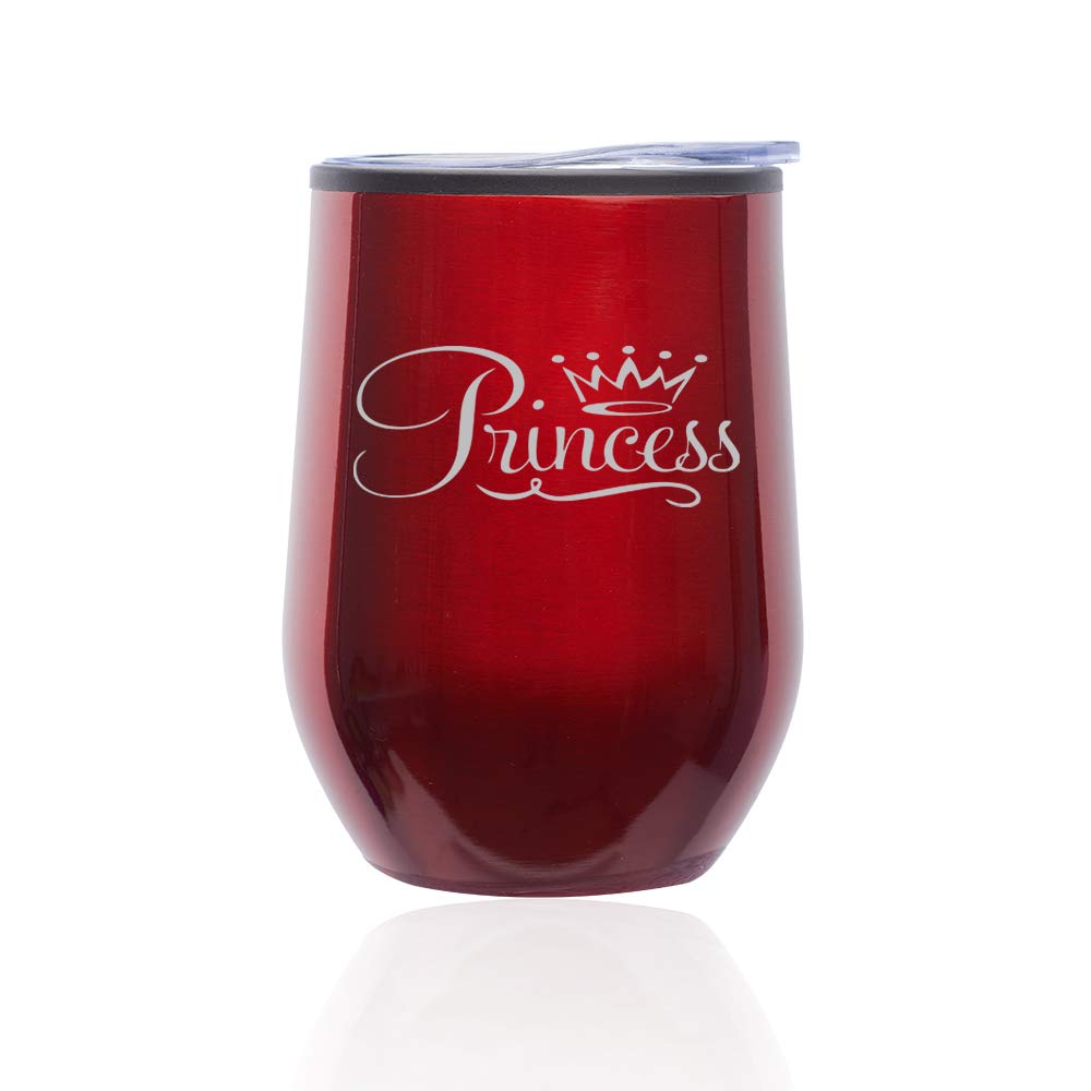 Insulated Stemless Wine Tumbler with Lid - 12oz Shatterproof Glass Coffee Travel Mug for Women, Princess Design (Red) - Perfect for Hot/Cold Drinks, Office, Picnics & Gifts
