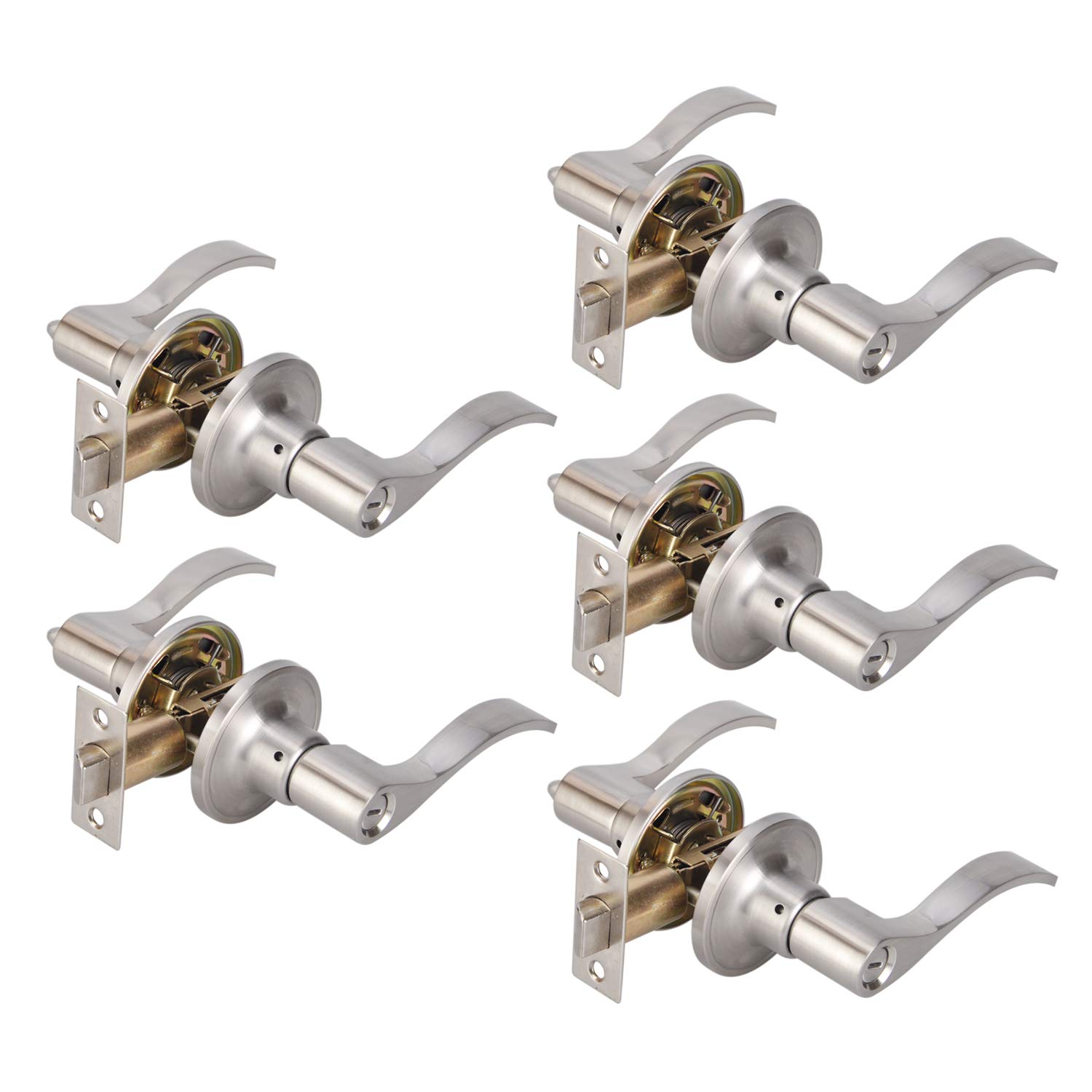 TMC Heavy Duty Privacy Door Lever - Brushed Nickel Finish for Bathroom & Bedroom Interior Doors | Secure & Durable Lock Handle TL001-SN-BK-5P | Perfect for Home, Office & Commercial Spaces