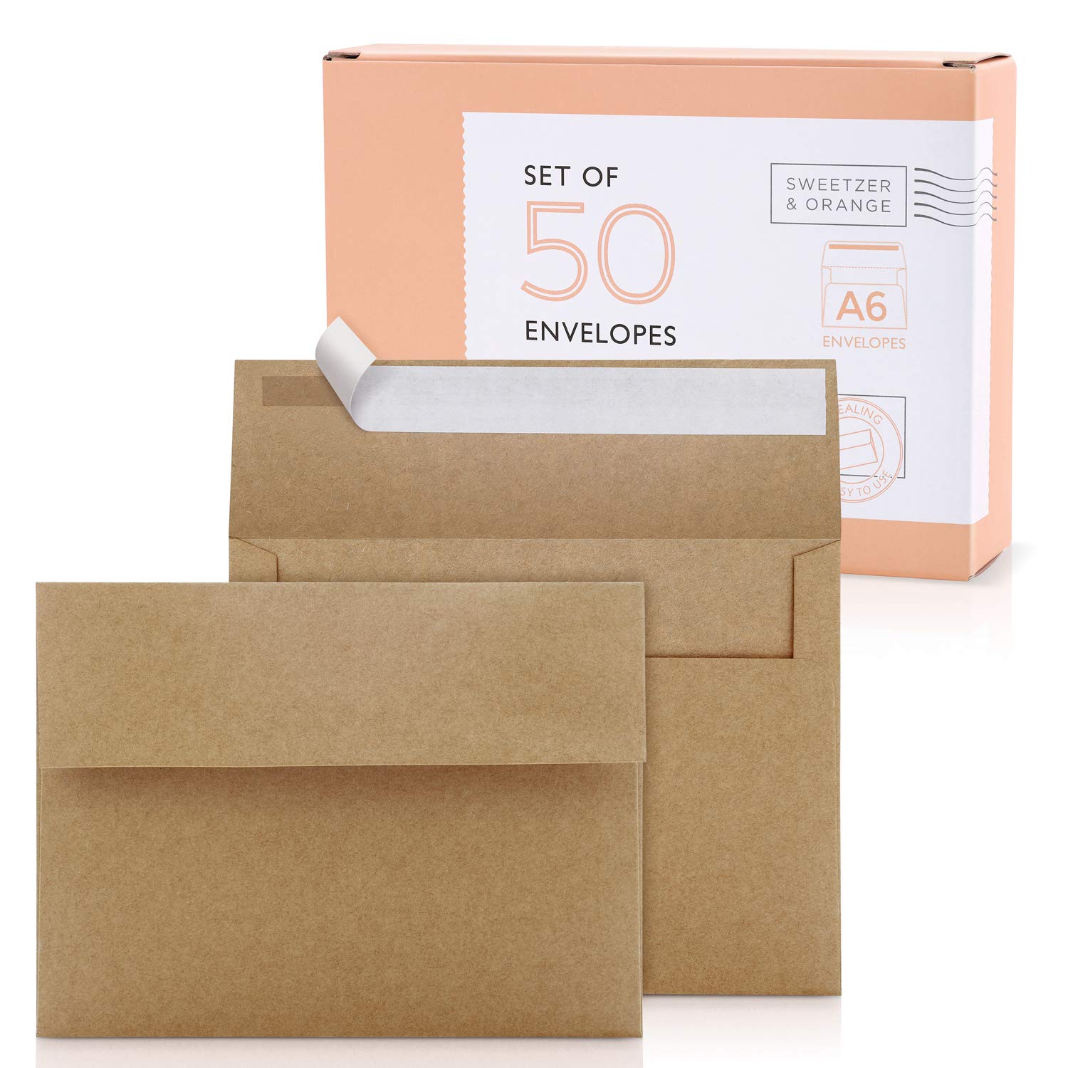 Premium A6 Kraft Envelopes (50-Pack with Box) - 150gsm Self-Seal Brown Envelopes for 4x6 Cards | Ideal for Greeting Cards, Wedding Invitations, Postcards & Business Mailings | Eco-Friendly & Elegant Stationery
