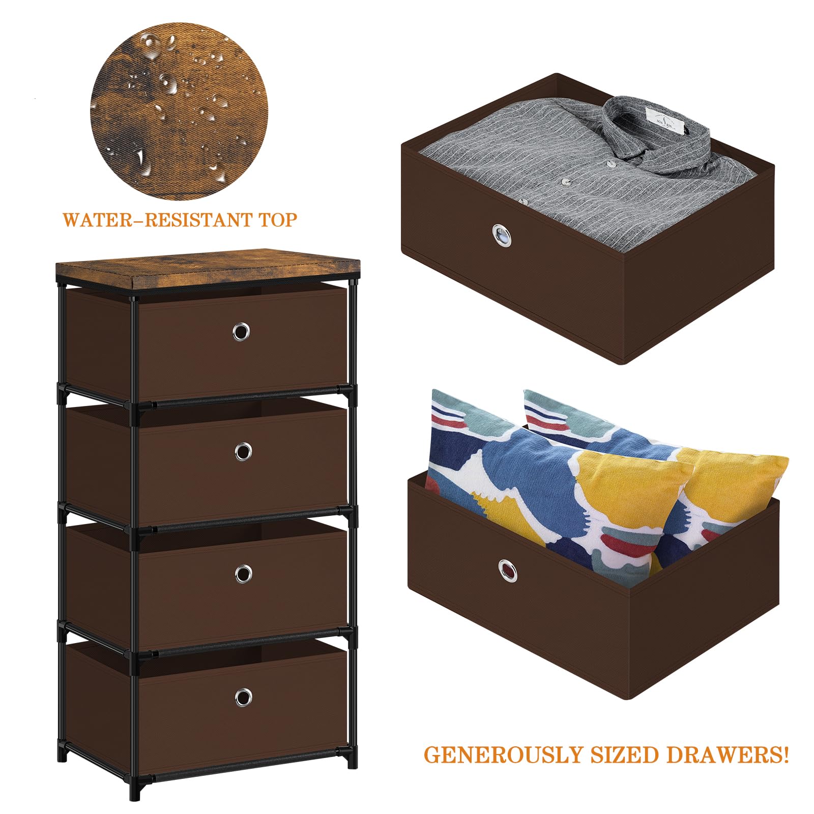 MOOACE 4-Drawer Fabric Storage Dresser - Clothes Organizer & Storage Tower for Bedroom - Small Fabric Chest of Drawers - Brown - Perfect for Closet Organization, Nursery Storage & Small Space Living