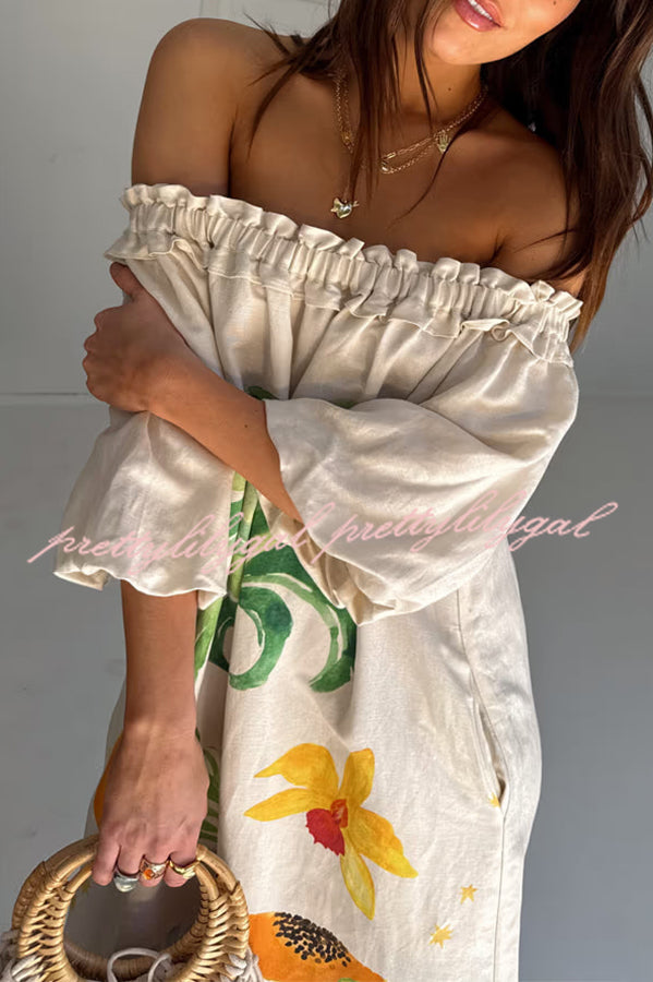 Sunveil Linen Blend Floral Print Puff Sleeve Strapless Maxi Dress with Pockets - Perfect for Beach Weddings, Summer Vacations & Boho Fashion