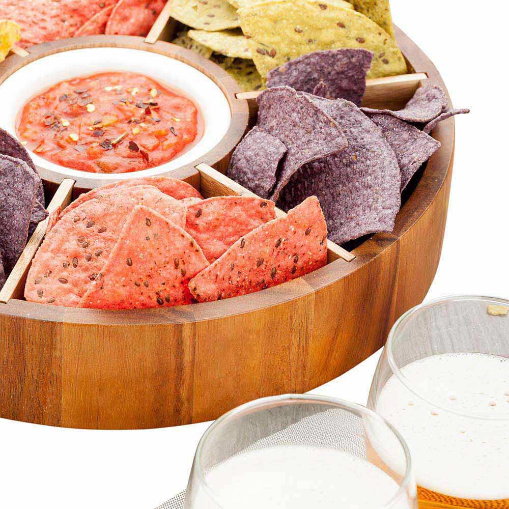 Premium Acacia Wood Chip and Dip Serving Tray with 6 Compartments & Porcelain Bowl - 12