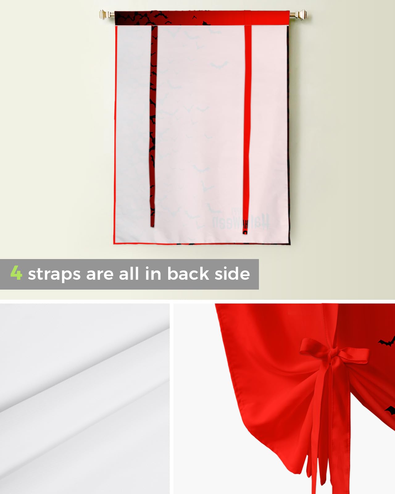 Happy Halloween Kitchen Window Curtains - Black Bats & Red Gradient Balloon Shade with Rod Pocket, 42