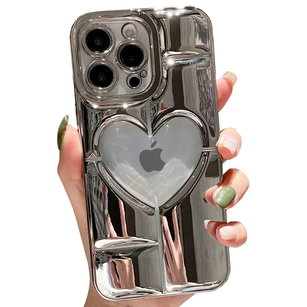 Premium Luxury Electroplated Heart-Shaped Hollow iPhone 13 Pro Max Case - Soft Shockproof Cover with Camera Lens Protection (Silver) | Perfect for Valentine's Gifts, Date Nights & Fashionable Daily Use