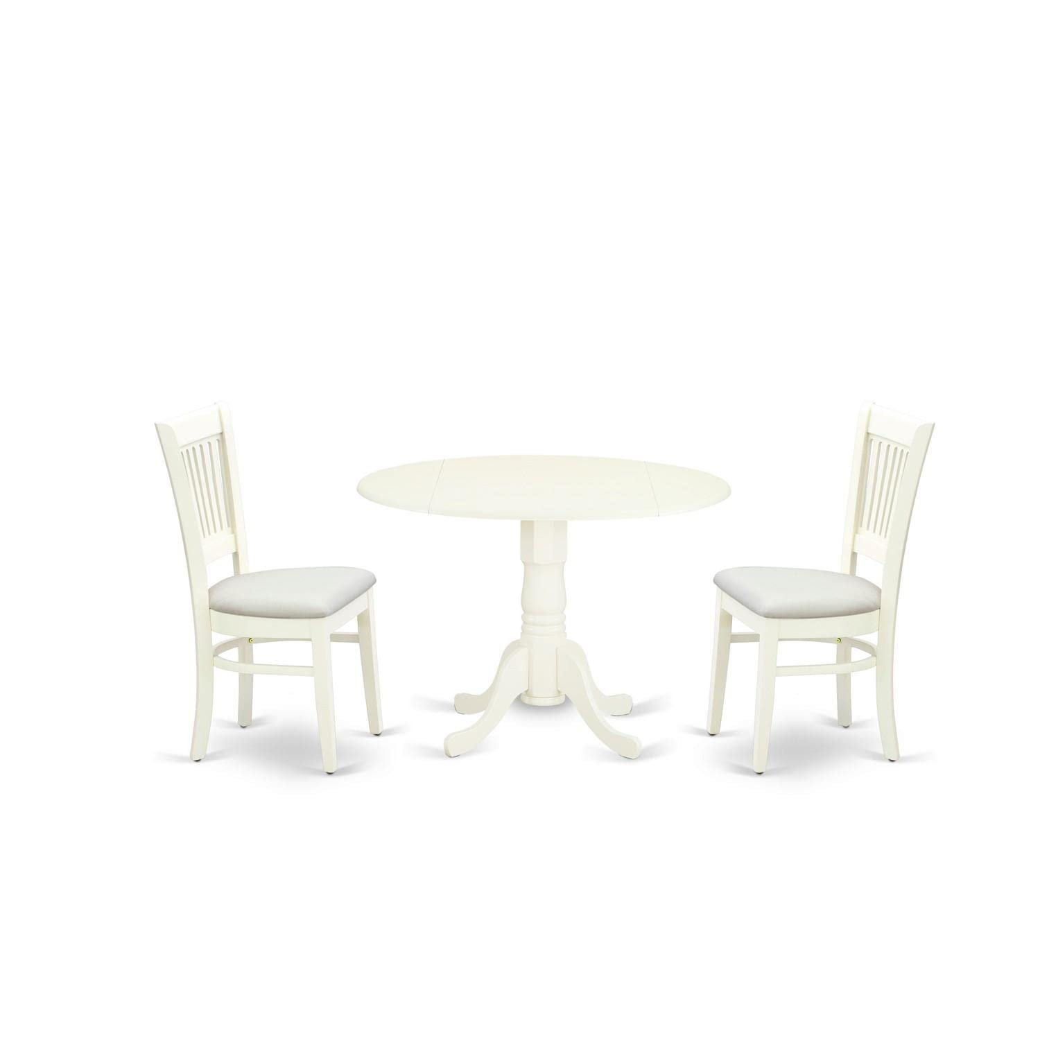 East West Furniture Dublin 3-Piece Modern Dining Set - Round Wooden Drop-Leaf Table & 2 Fabric Upholstered Chairs, 42x42 Inch, Linen White - Perfect for Small Spaces, Breakfast Nooks & Cozy Apartments