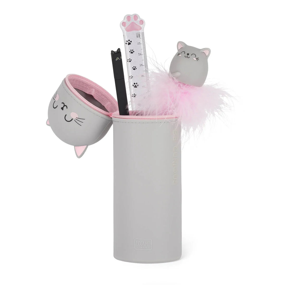 2 in 1 Silicone Pencil Case with Kawaii Cat Design - Cute School & Office Supplies Organizer for Students & Professionals - Perfect for Backpacks, Desks & Travel Accessories