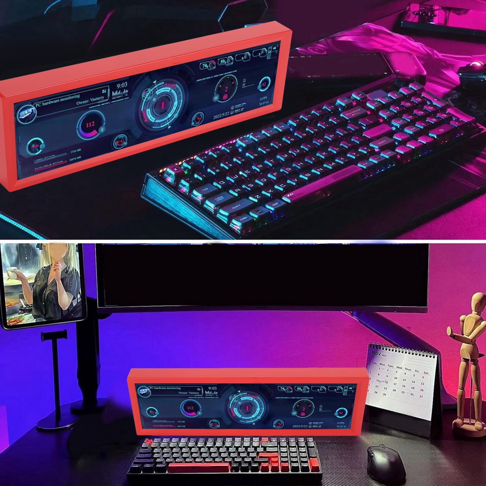 Garsent 8.8 Inch PC Temperature Monitor with Dynamic Themes - 360° Auto Rotation, 178° Viewing Angle, Mini Secondary Display for Gaming & Workstation (Red) | Perfect for PC Builds, Streaming Setups & Office Desktops