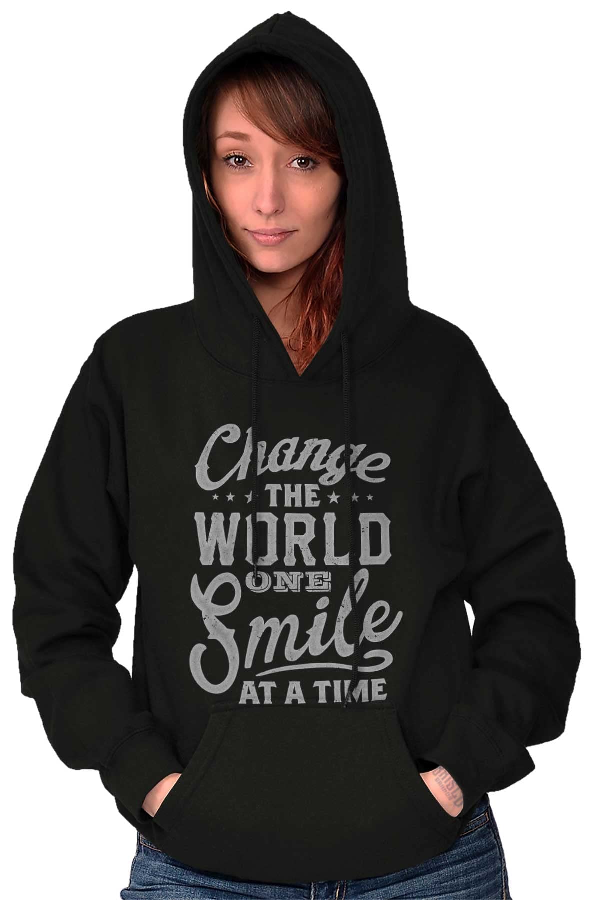 Brisco Brands Women's Hoodie Sweatshirt - Inspirational 'Change the World One Smile at a Time' Pullover | Cozy Casual Wear for Everyday, Gym & Outdoor Activities