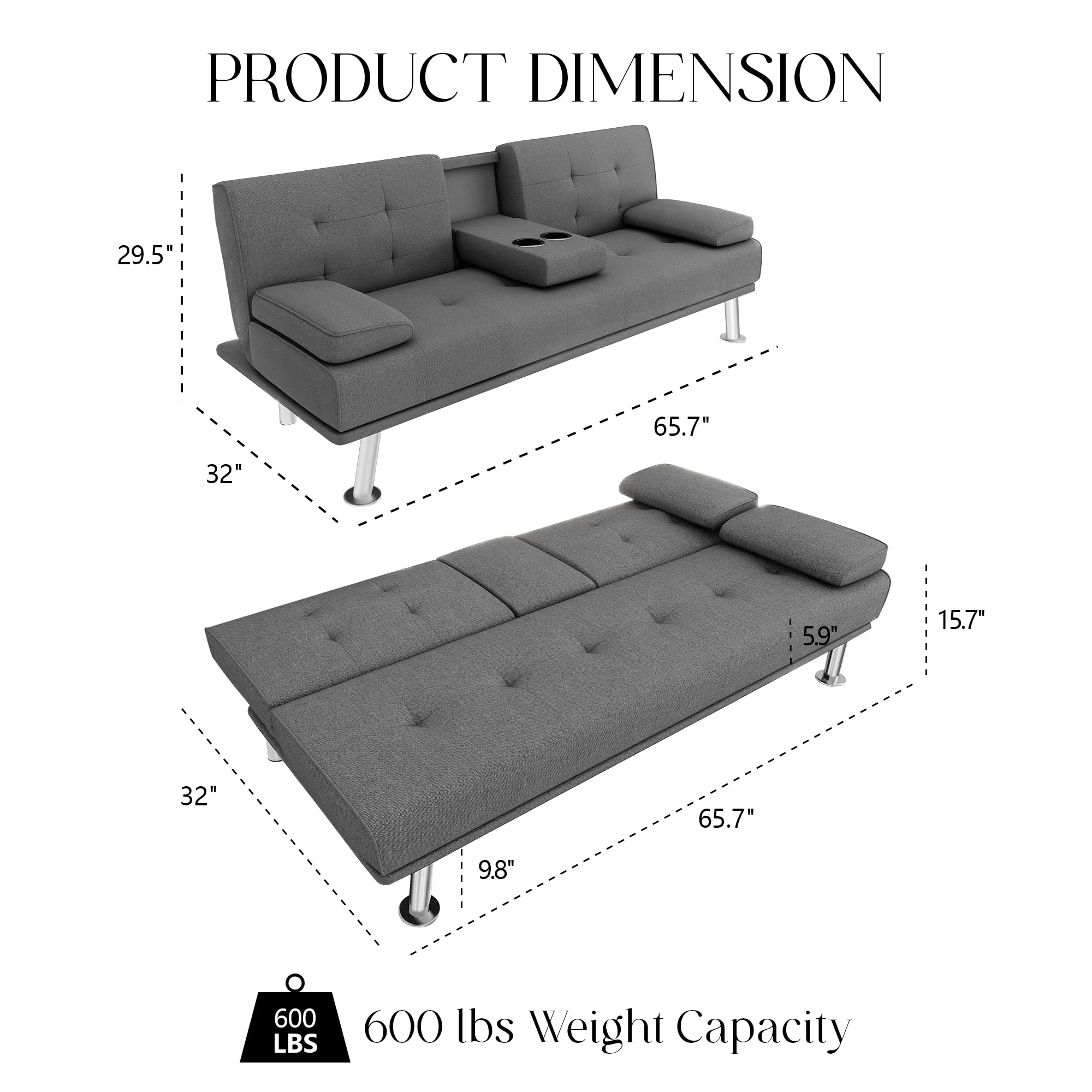 Yoyomax Convertible Linen Fabric Sofa Bed - Foldable Futon Couch for Small Spaces, Dorm Rooms, RVs & Home Offices (Grey) | Perfect for Guest Beds, Studio Apartments & Multi-Functional Living Spaces