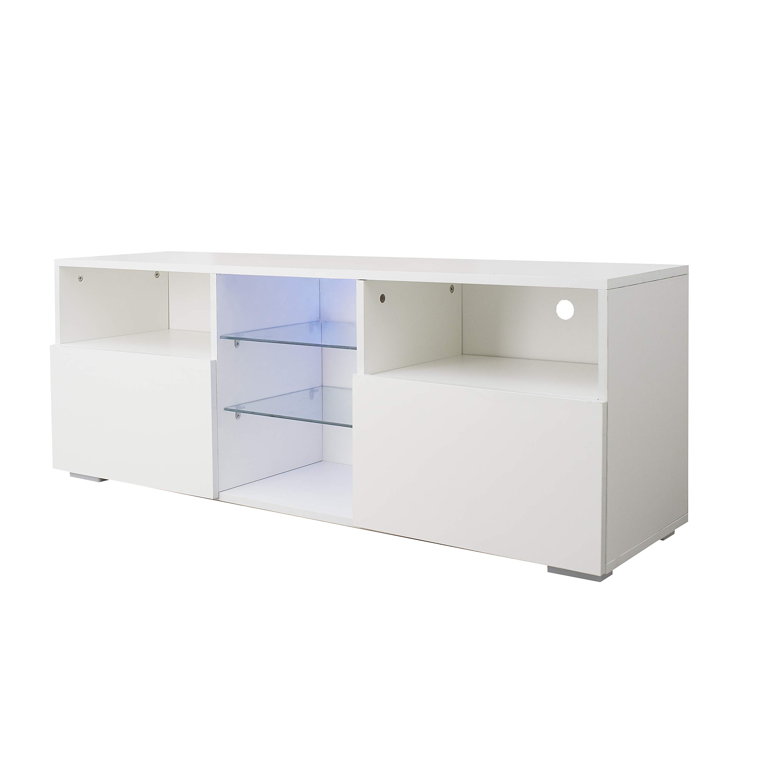 55 Inch TV Stand with LED Lights & Storage - Modern Entertainment Center with 2 Drawers, Living Room TV Console Table for Flat Screen TVs - Perfect for Home Theater & Gaming Setup (White)