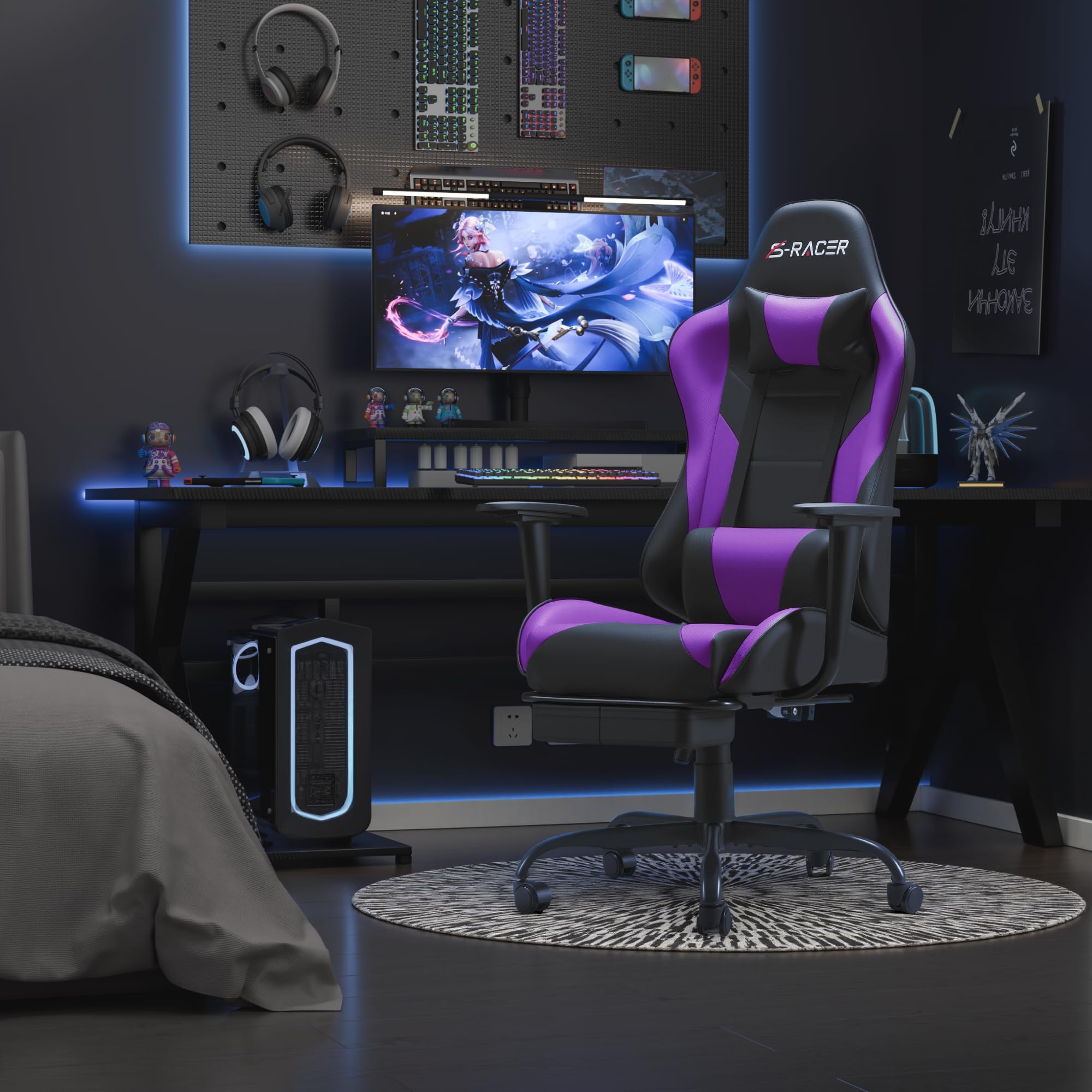Homall Gaming Chair with Footrest & Lumbar Support - Adjustable Ergonomic Computer Game Chair with Massage, Headrest & 360° Swivel - Purple - Perfect for PC Gaming, Office Work & Home Entertainment