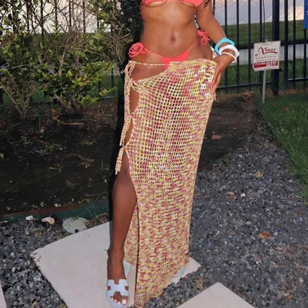 Stylish Crochet Knitted Women's Summer Beach Maxi Skirt - Hollow Out Design with Side Split & Lace-Up Detail, High Waist Stretchy Bikini Cover Up for Vacation, Pool Party & Boho Fashion