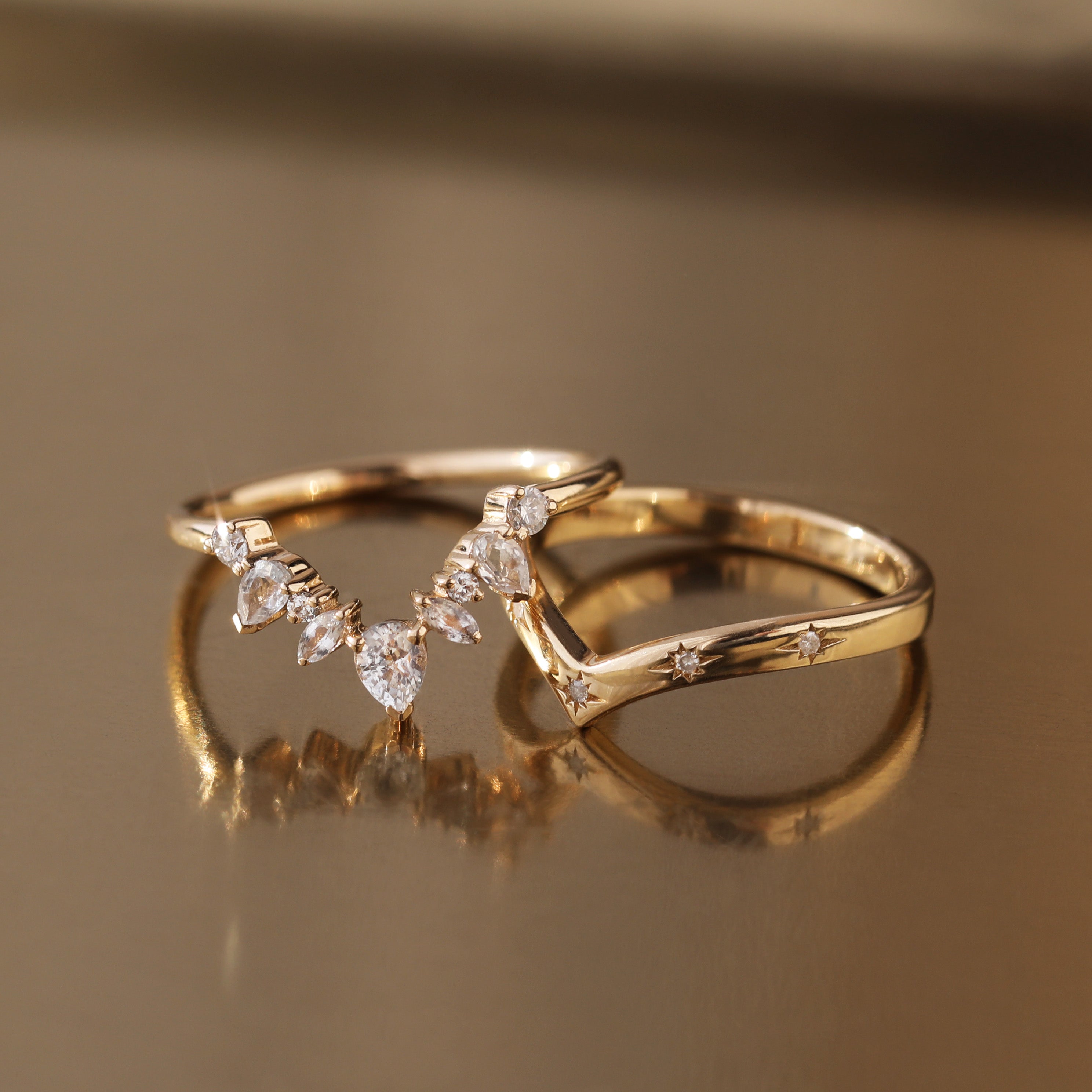 Diamond Star Wishbone Wedding Band Ring - Elegant Promise Ring for Women, 14K Gold or Sterling Silver, Perfect for Engagement, Anniversary & Special Occasions