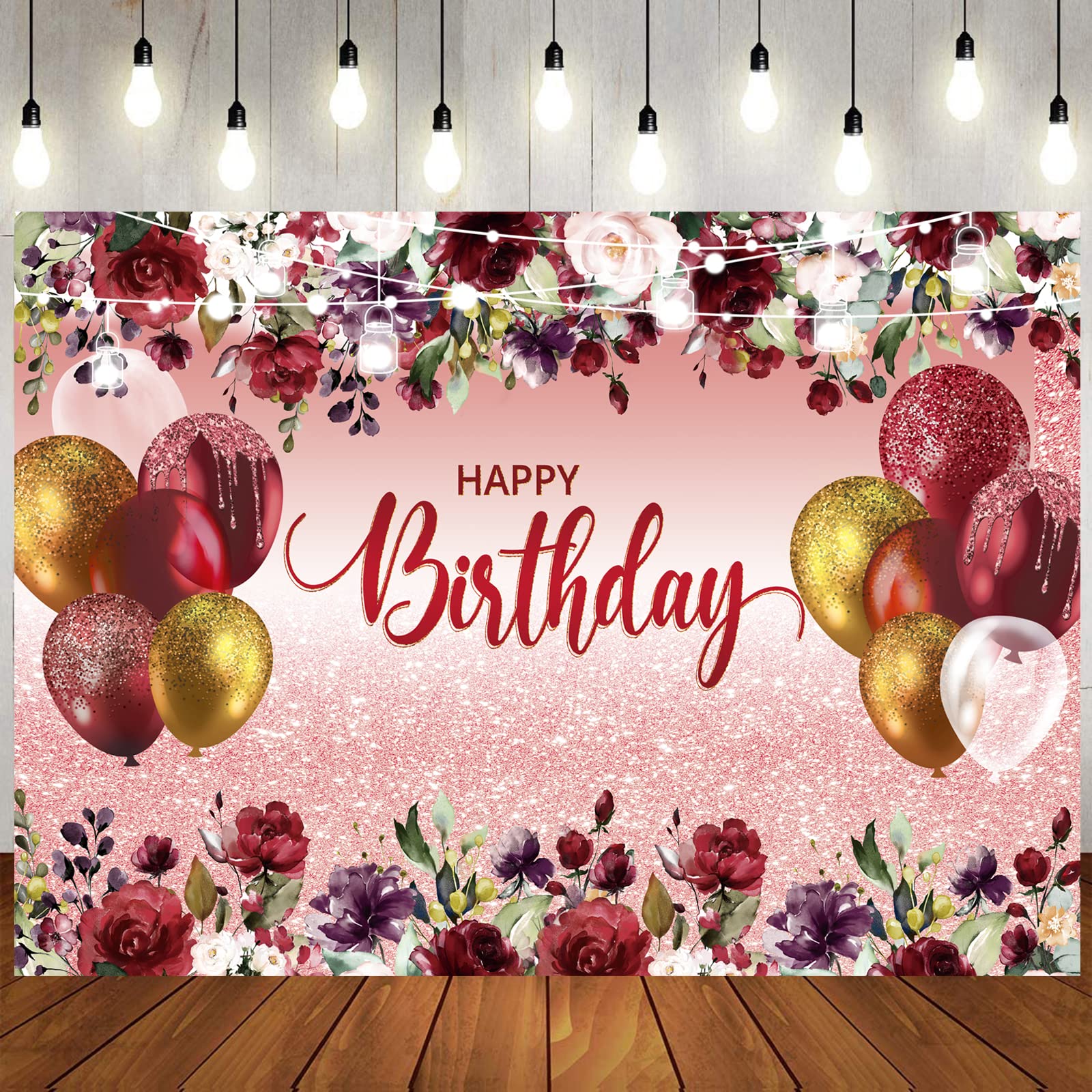LTLYH 7x5ft Happy Birthday Party Backdrop - Red & Gold Foil Balloon Garland Decorations for Women's Birthday, Bridal Shower, Baby Shower & Anniversary Party Supplies | Photo Booth Background Banner