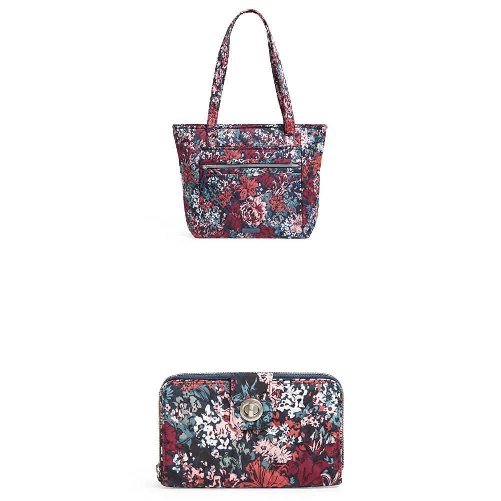 Vera Bradley Performance Twill Small Vera Tote Bag & RFID Turnlock Wallet Set - Cabbage Rose Cabernet Floral Pattern | Stylish Women's Handbag for Work, Travel & Everyday Use
