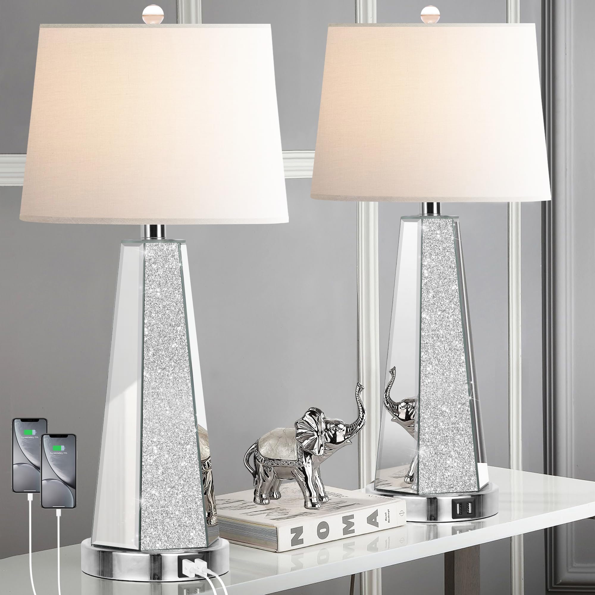 Hamucd Set of 2 Modern Chrome Silver Mirrored Glass Bedside Table Lamps with 2 USB Ports - Glam Contemporary Nightstand Lamps for Bedroom, Living Room & Art Deco Decor - Perfect for Reading, Working & Ambient Lighting