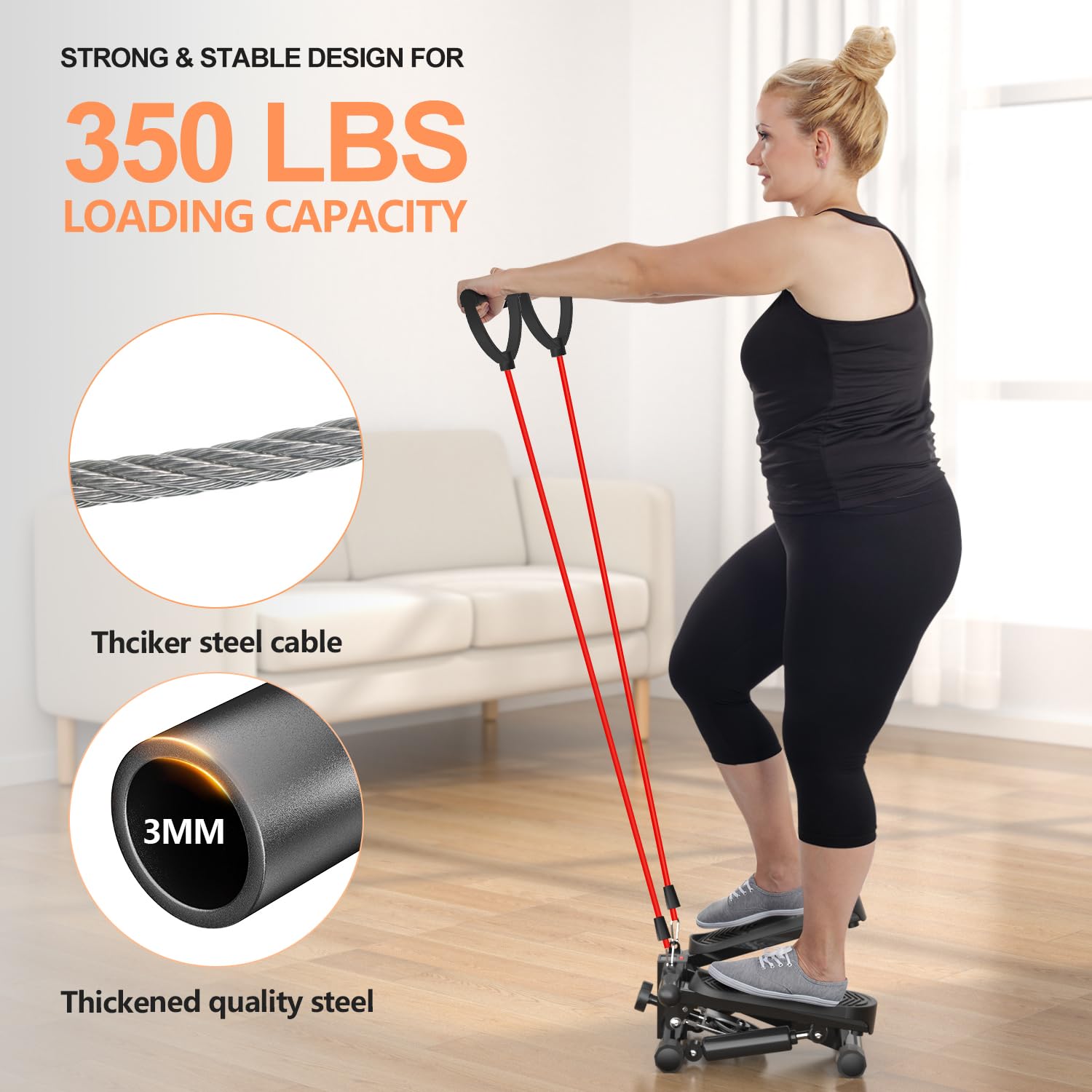 2024 Upgraded Mini Stepper with Resistance Bands - Super Quiet Home Fitness Equipment for Cardio Workout, 350LBS Weight Capacity | Perfect for Home Gym, Office Exercise & Low-Impact Training