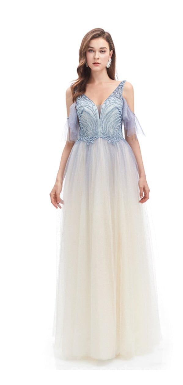 Elegant A-Line Off-Shoulder V-Neck Long Prom Dress for Women - Perfect for Homecoming, Ballroom Dance & Formal Events - 12799