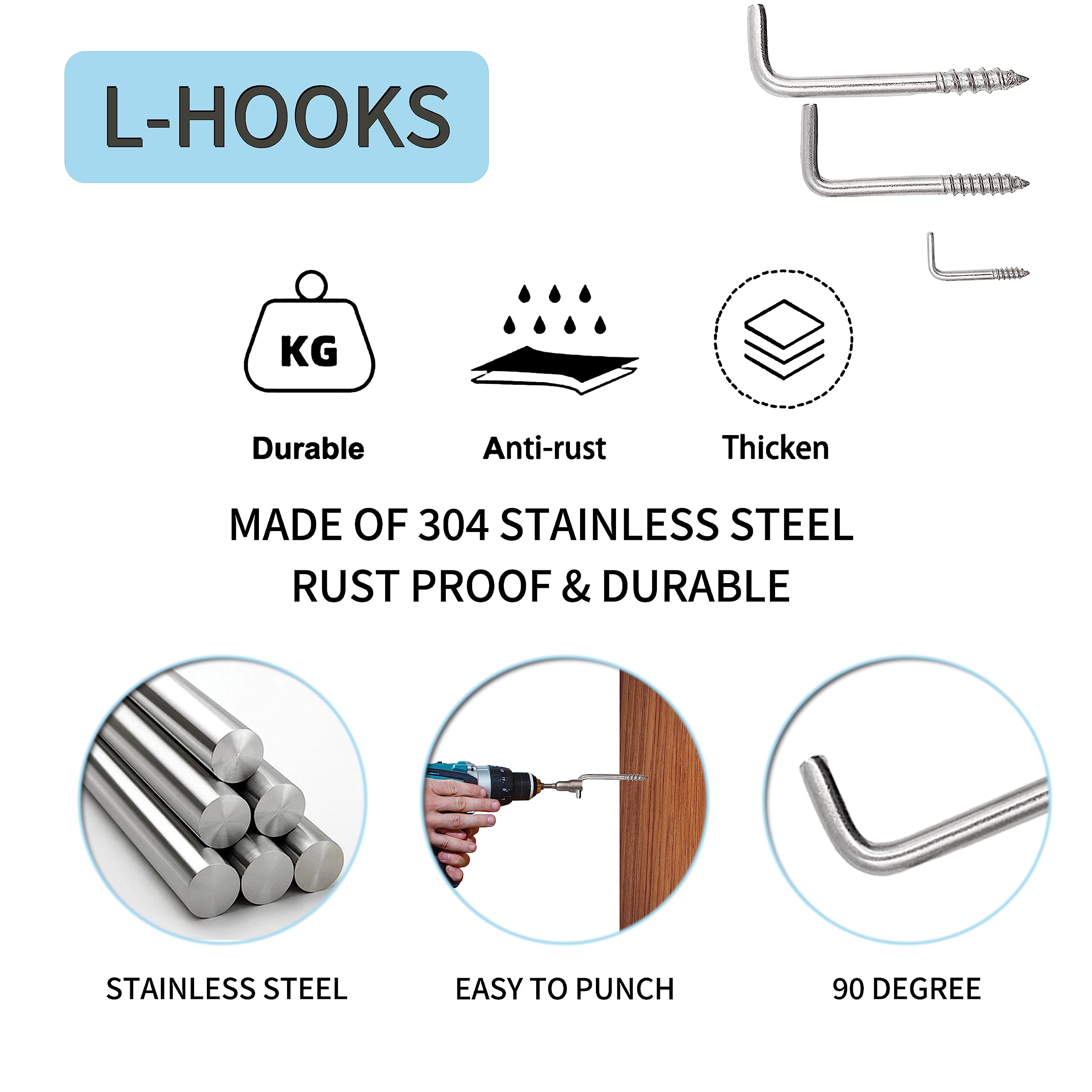 304 Stainless Steel Screw-in Hooks - 30 Pack Square Curved Hooks for Jewelry, Hanging Decor & DIY Projects (2-3/4 Inch, 7 Shape L-Shaped Screw Hooks) - Perfect for Home Organization, Wall Decor & Craft Display