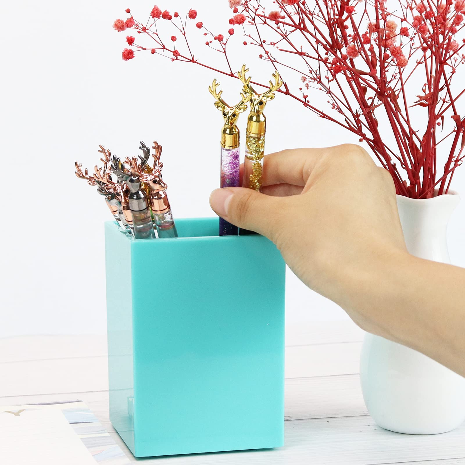 Koqye Acrylic Pen Holder - Teal Pencil Cup Organizer for Desk, Office & School | Decorative Makeup Brush Storage | Perfect for Home, Office & Classroom Organization (Teal)
