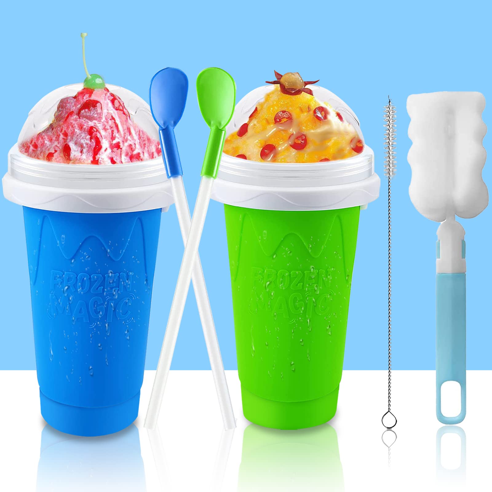 QwayHome 2PC Slushie Maker Cup - DIY Frozen Magic Slushy Cup with Double Layer Silica Gel, Quick Cooling Smoothie & Ice Cream Maker for Homemade Milk Shakes (Blue+Green) - Perfect for Summer Parties, Kids Treats & Backyard BBQs