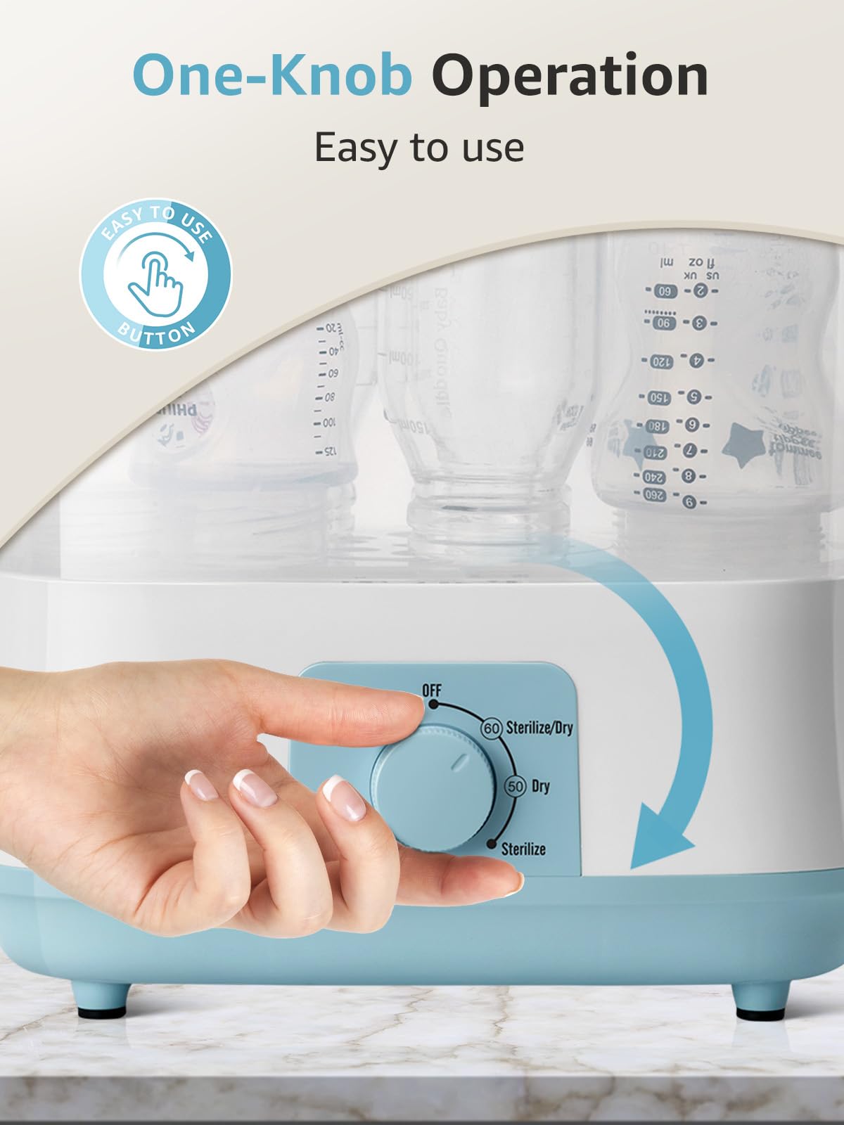 GROWNSY Electric Baby Bottle Sterilizer and Dryer - Steam Sanitizer for Bottles, Pacifiers & Breast Pump Parts (Blue) | Perfect for Nursery, Travel & Daily Baby Care