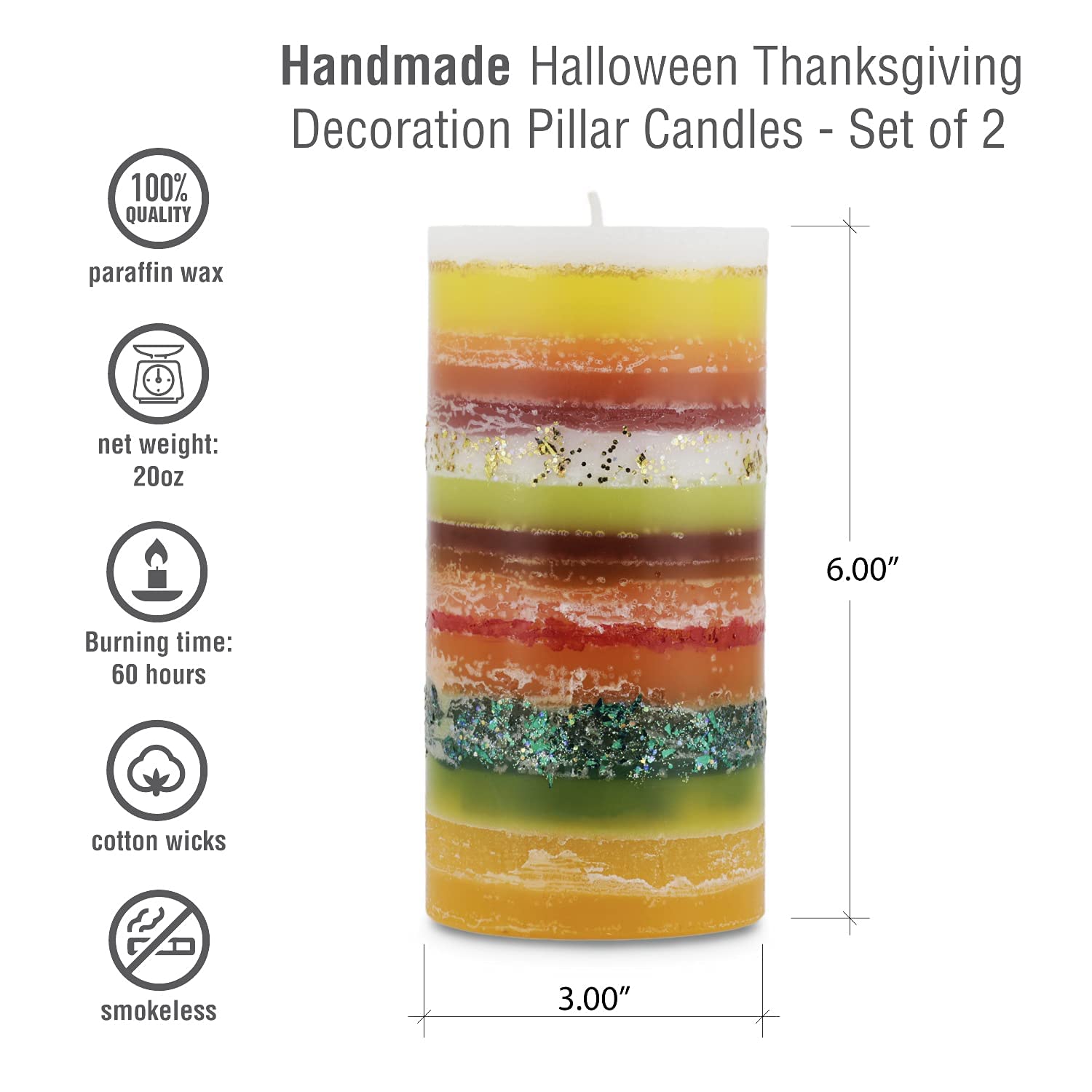 Orange Yellow Red Pillar Candles Set of 2 - Scented or Unscented Options - 3x6 Inches, 60-Hour Burn Time - 20 oz Each - Perfect for Wedding, Dinner Party, and Home Table Decoration