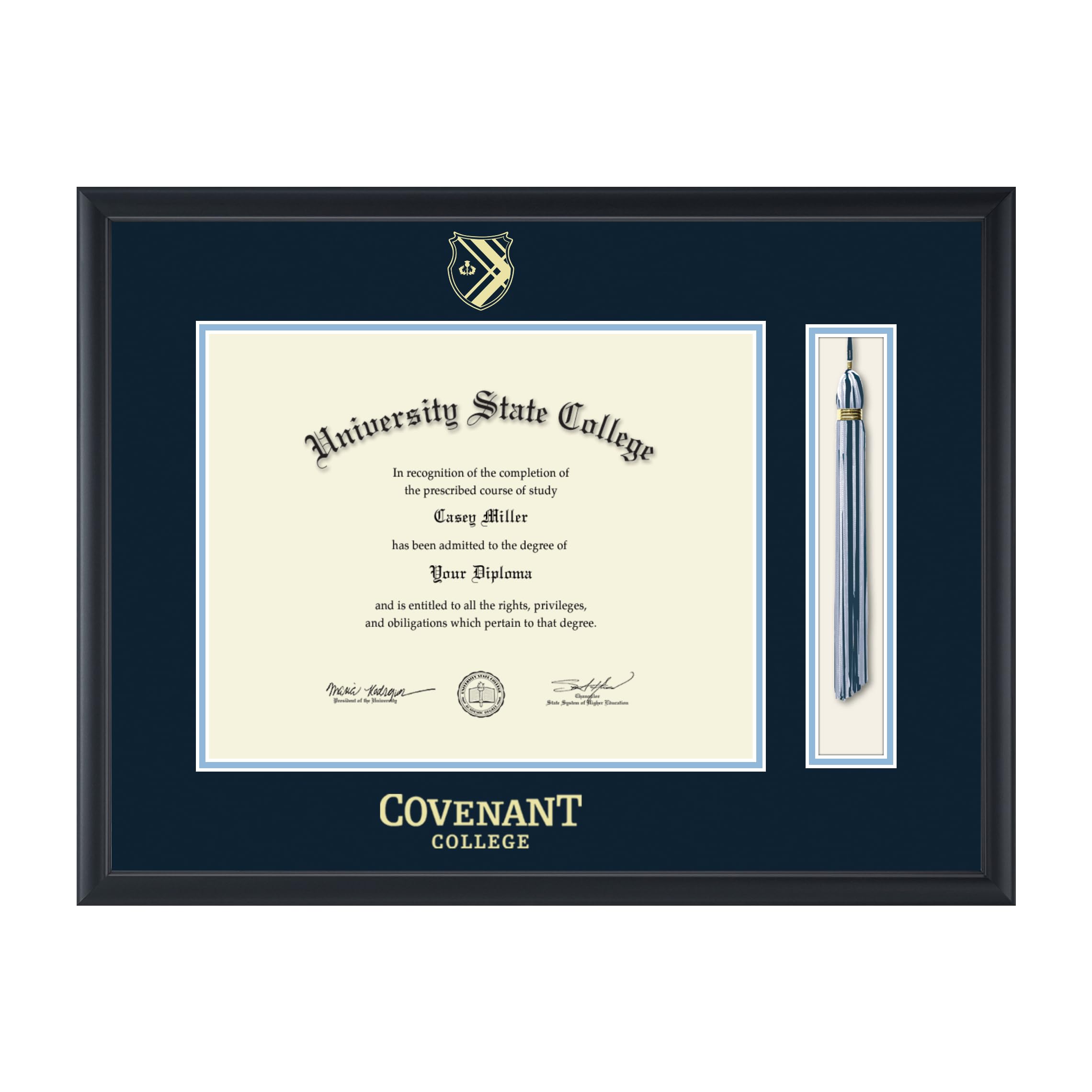 Covenant College Diploma Frame 14x11 Inches - Bachelor's & Master's Degree Display - Gold Embossed Tassel & Cord - Black Moulding with Navy Blue Mat - Perfect for Graduation Gifts, Office Decor & Wall Display