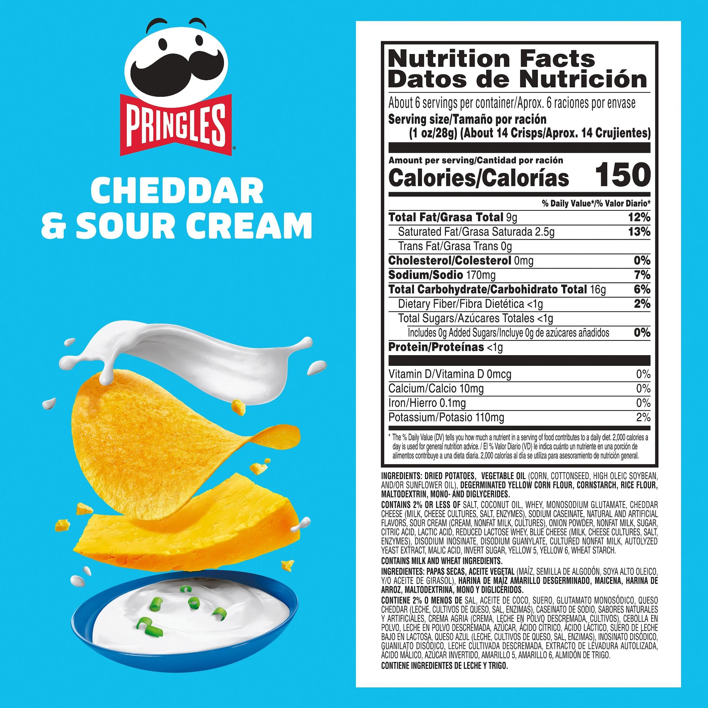 Pringles Cheddar & Sour Cream Potato Crisps - 5.5oz Can, Crunchy Snack for Lunch, Travel & On-The-Go | Perfect for Office, School & Road Trips