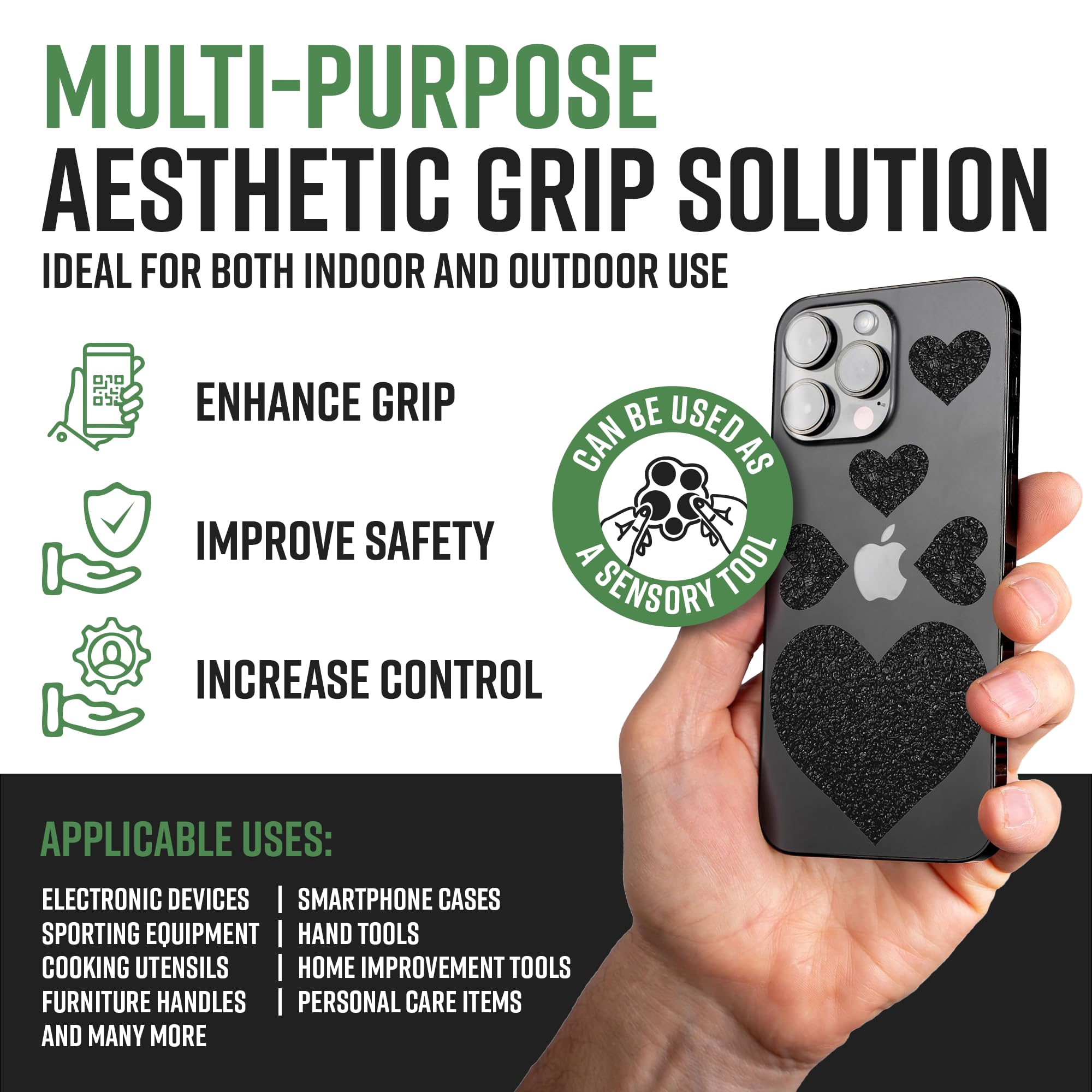 Dragon Grips Tactical Non-Slip Grip Tape Heart Stickers - 10PCS Black Textured Rubber Grip Decals for Enhanced Grip on Tablets, iPads, Laptops & Cell Phones - Self-Adhesive Multi-Purpose Grip Tape for Everyday Use in Home, Office, and Outdoor Activities