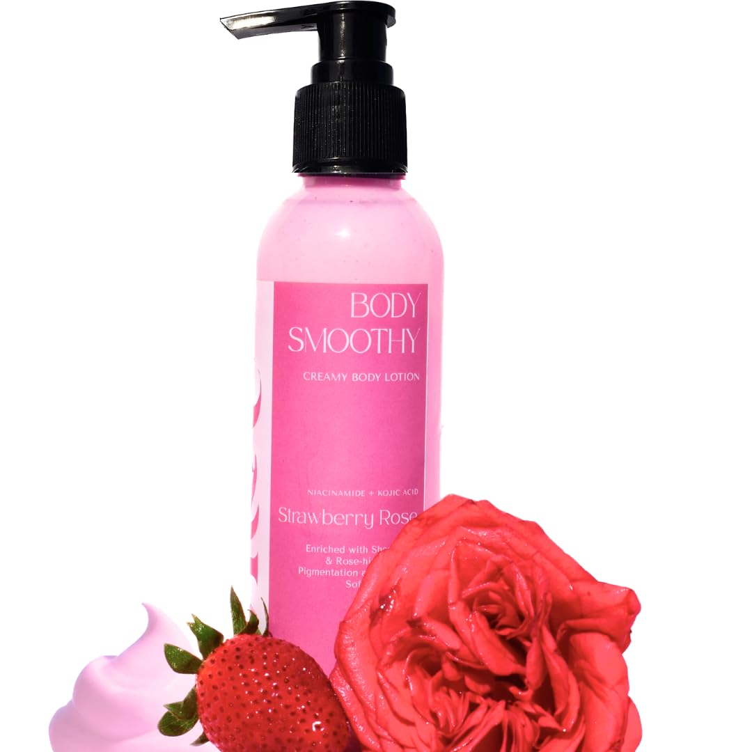 Strawberry Rose Smoothy Body Lotion - Enriched with Rose Extract, Shea Butter, Niacinamide & Kojic Acid - Hydrating Moisturizer for Men & Women - All Skin Types - Perfect for Dry Skin Care & Daily Body Hydration