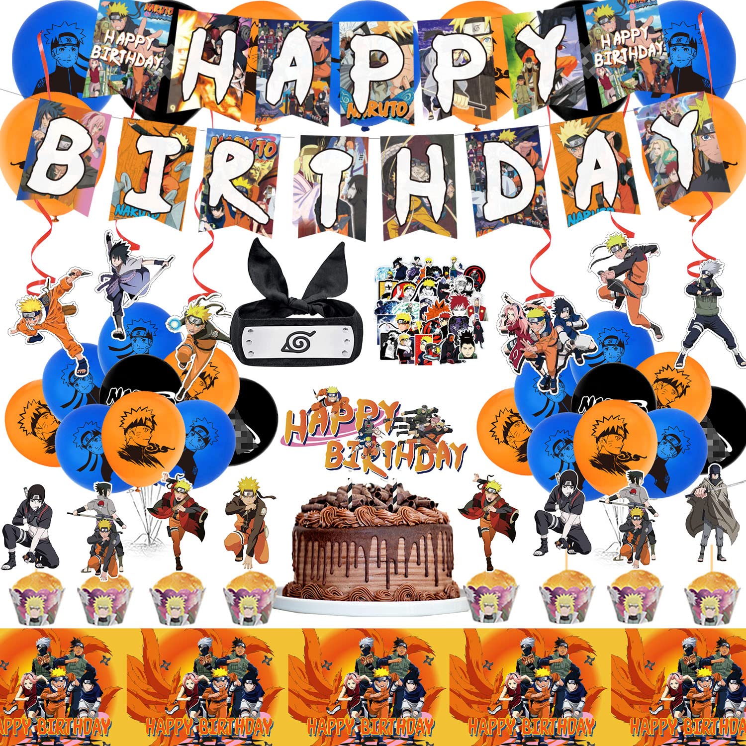 **108Pcs Anime Birthday Party Decorations Set - Balloons, Banner, Headband, Cake & Cupcake Toppers, Hanging Swirls, Stickers for Kids & Adults - Perfect for Anime Themed Parties, Cosplay Events & Birthday Celebrations**