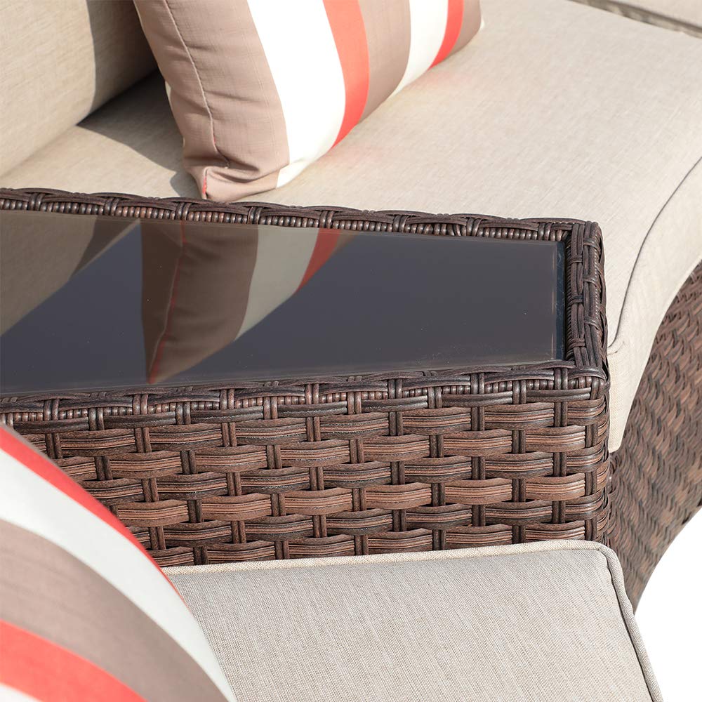 SUNSITT 2-Pack Rattan PE Resin Wicker Patio Side Tables with Tempered Glass Top - Brown Wedge End Tables for Living Room, Balcony & Outdoor Furniture Decor
