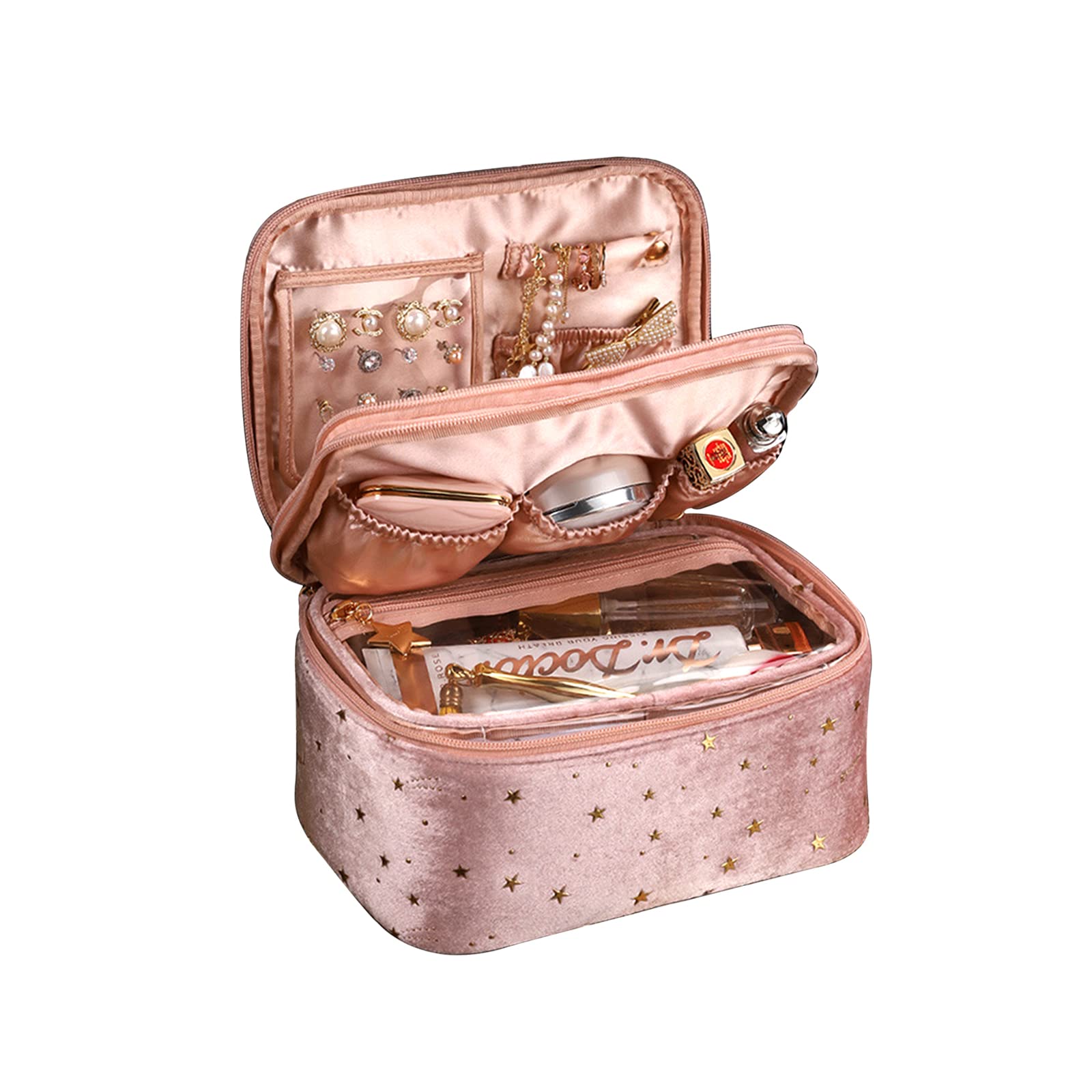 Large Capacity Travel Makeup Bag with Brush Slots & Dividers - Velvet Powder Cosmetic Organizer for Women | Perfect for Travel, Gym & Daily Use