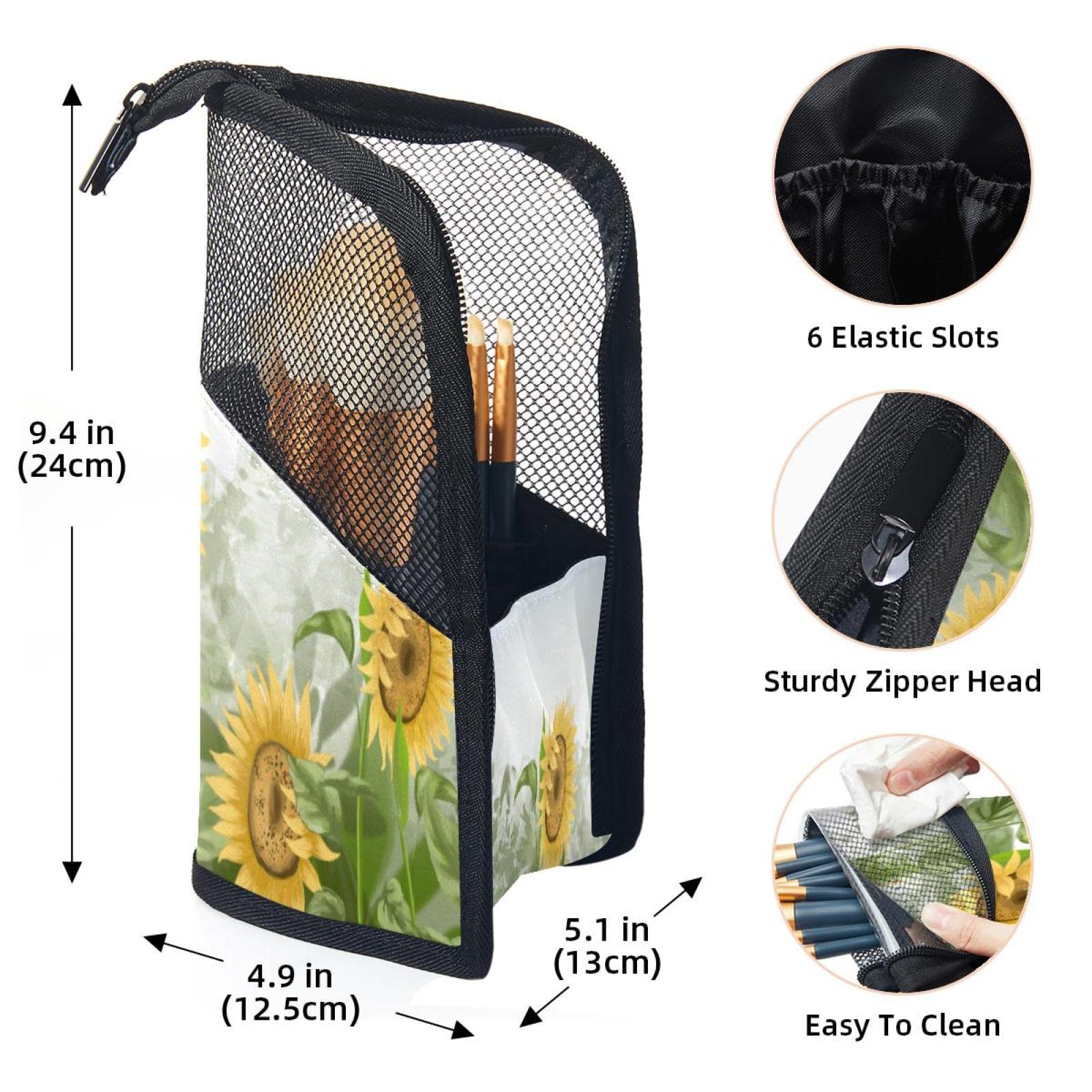 Premium Makeup Brush Organizer Bag with 12 Brushes - Sunflower Field Design, Portable Cosmetic Brush Holder Case for Travel & Home Storage