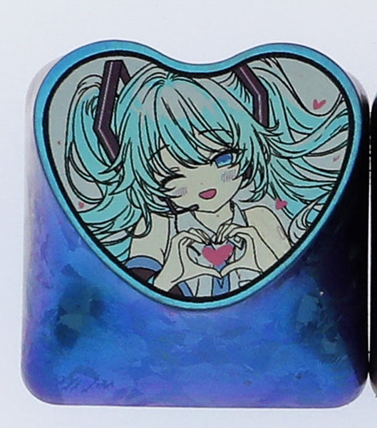 Hatsune Miku Anime Heart-Shaped Titanium Alloy Custom Keycap - Durable Metal Decorative Keycap for Mechanical Keyboards (Gaming, Collectibles, Cosplay Accessories)