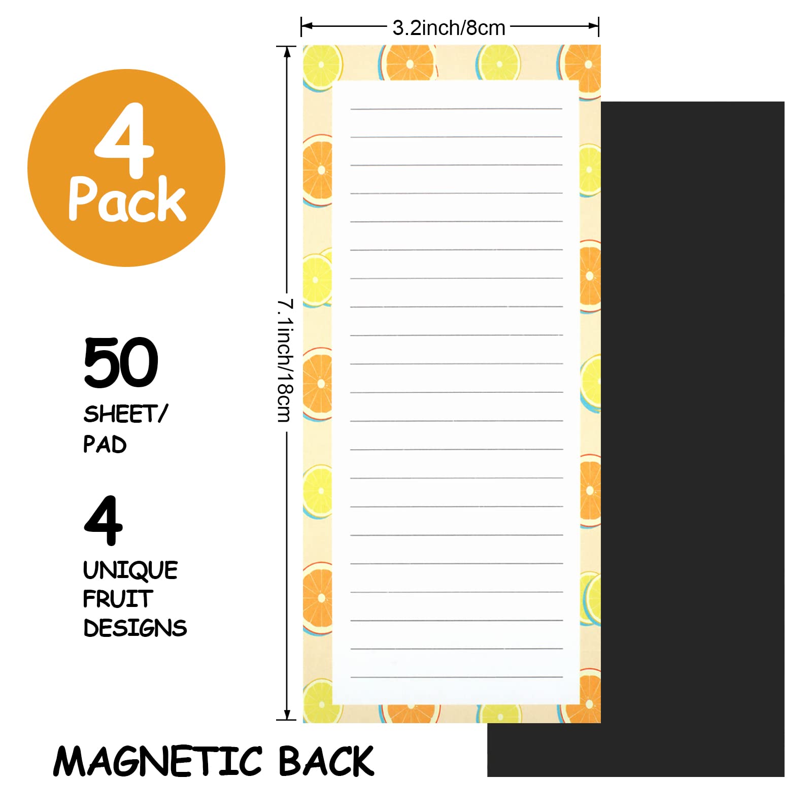 4 Pack Magnetic Notepads for Refrigerator - Fruit Design Grocery List Pads with Full Magnet Back, 50 Sheets Per Pad - Perfect for Kitchen, Office & Home Organization (Shopping Lists, Reminders, Meal Planning)