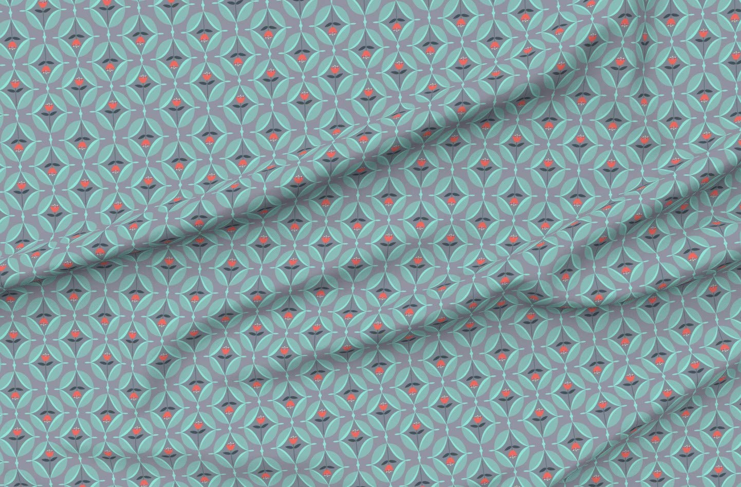 Mod Gray Red Spring Floral Coral Flowers Aqua Blue Tulips Retro Print Chiffon Fabric by The Yard - Premium Sewing Material for Fashion Apparel, Dresses & Home Decor | Perfect for DIY Projects, Curtains, Quilting and Upholstery