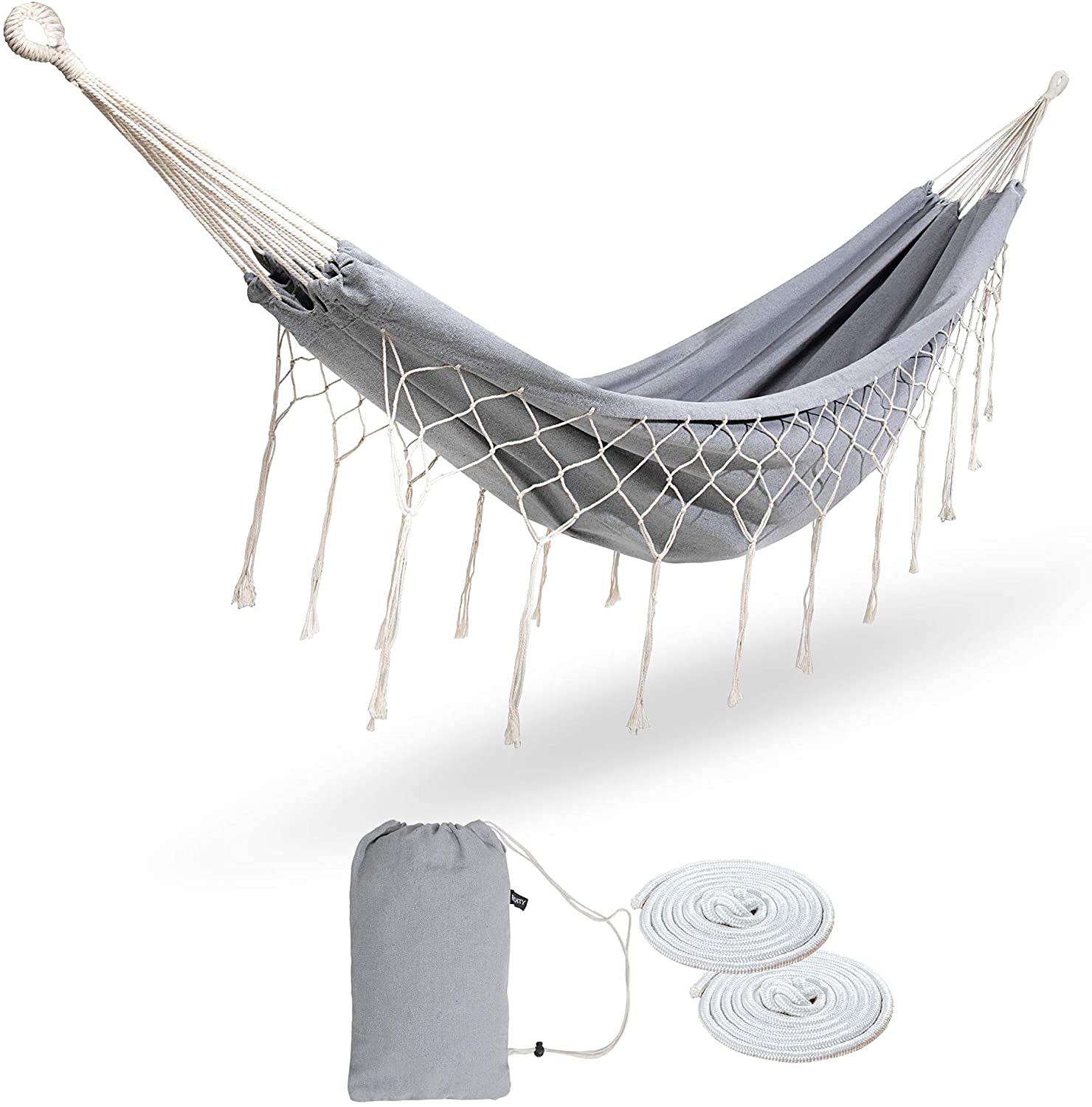 Premium Double Hammock with Tassels - 450Lbs Capacity Cotton Fabric for Patio, Garden, Backyard & Beach - Portable Carry Bag Included - Perfect for Relaxing Outdoors or Indoor Lounging (Grey)